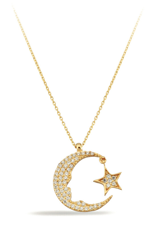 14 Ayar Altın Taşlı Ay Yıldız Ve Atatürk Silüeti Kolye