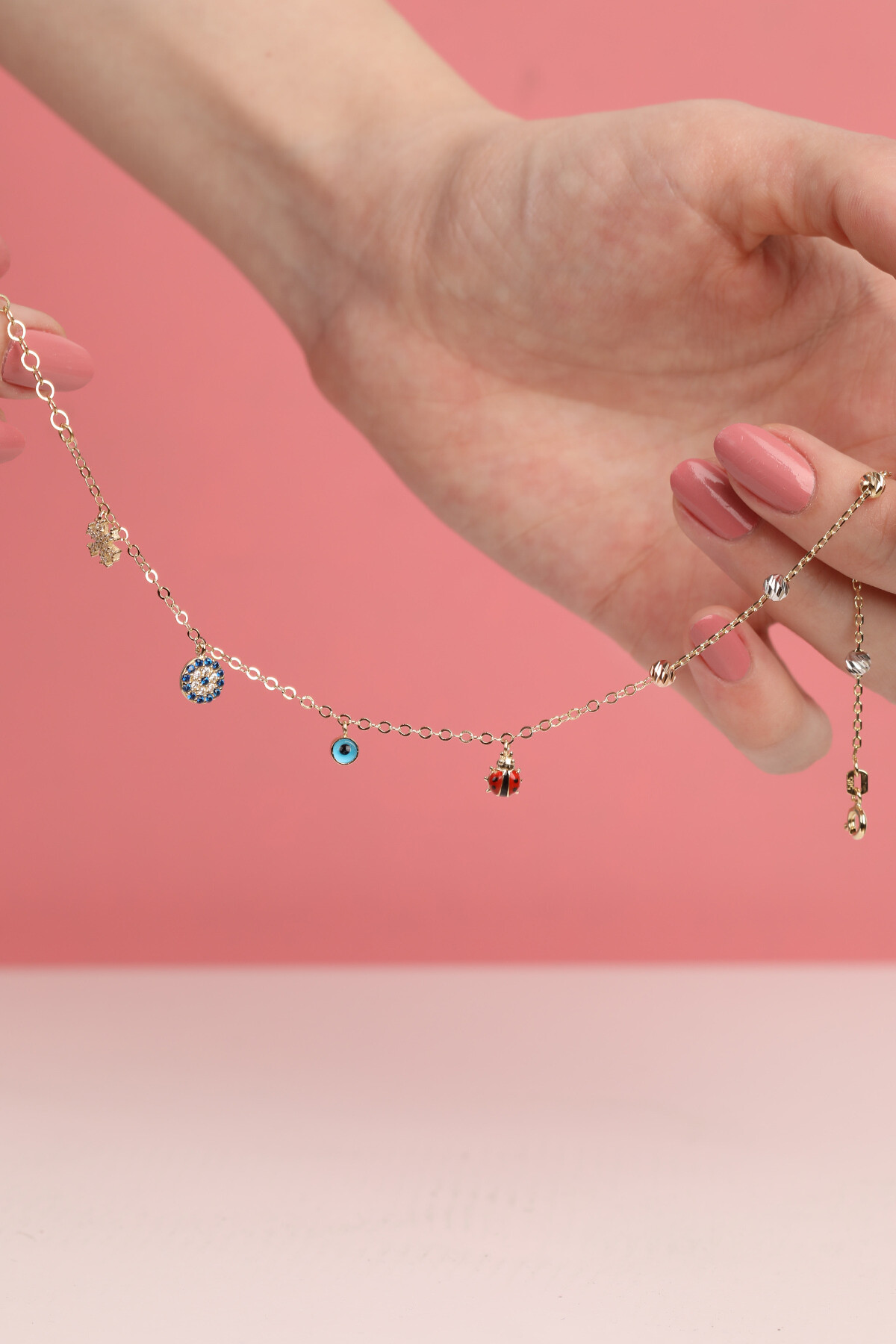 14 Ayar Altın Nazar Boncuklu Ve Sallantılı Charm Halhal