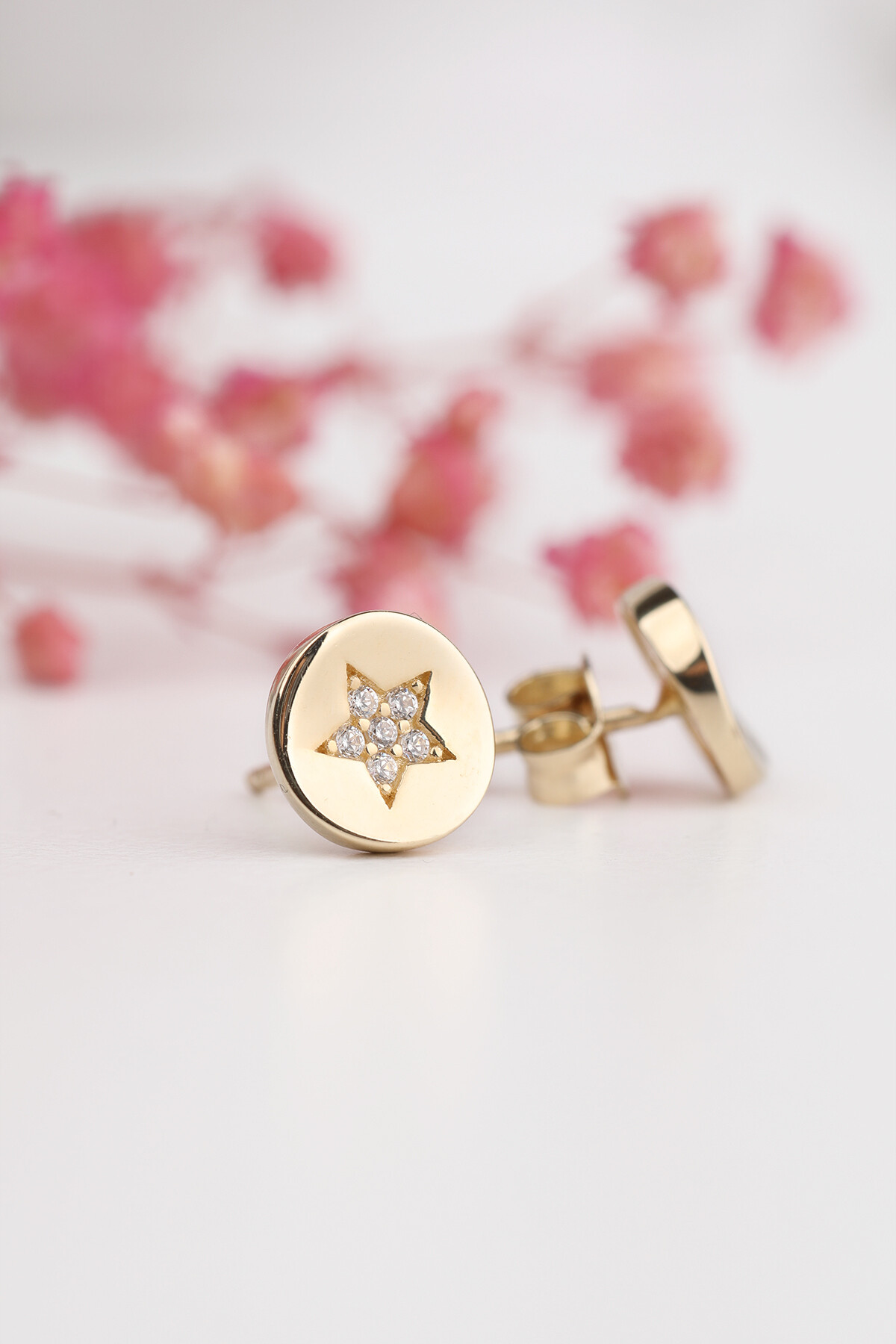 14 Ayar Altın Aynalı Yıldız Küpe