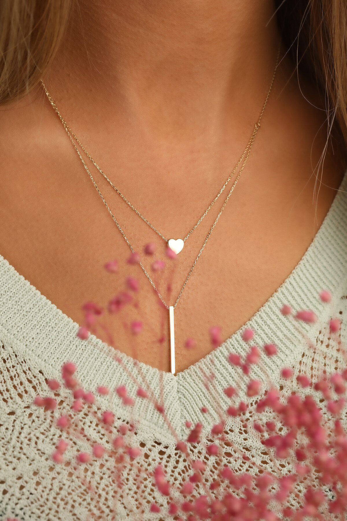 14 Ayar Altın Çubuk ve Kalp Kolye