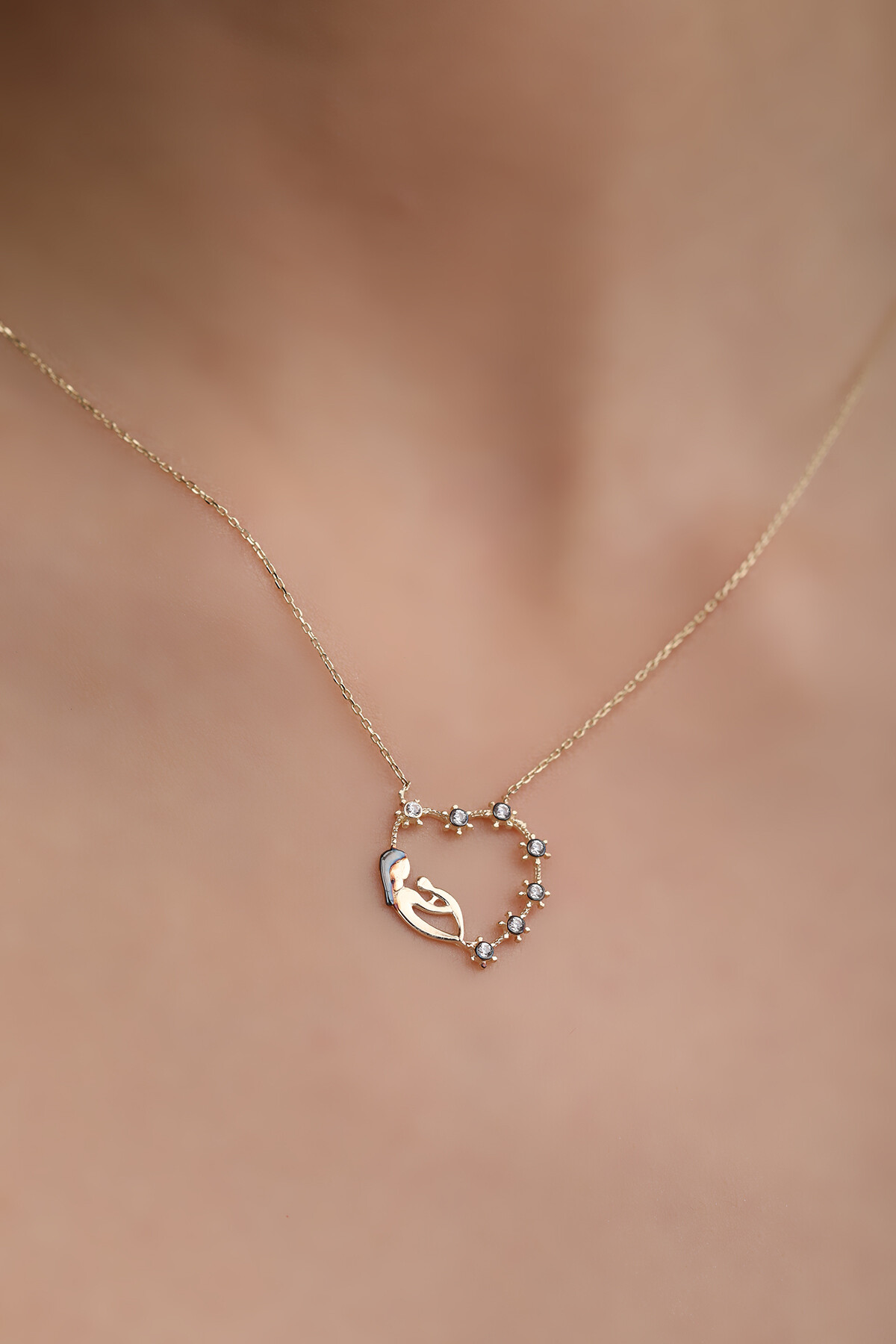 14 Ayar Altın Elmas Montürlü Anne Çocuk Kolye