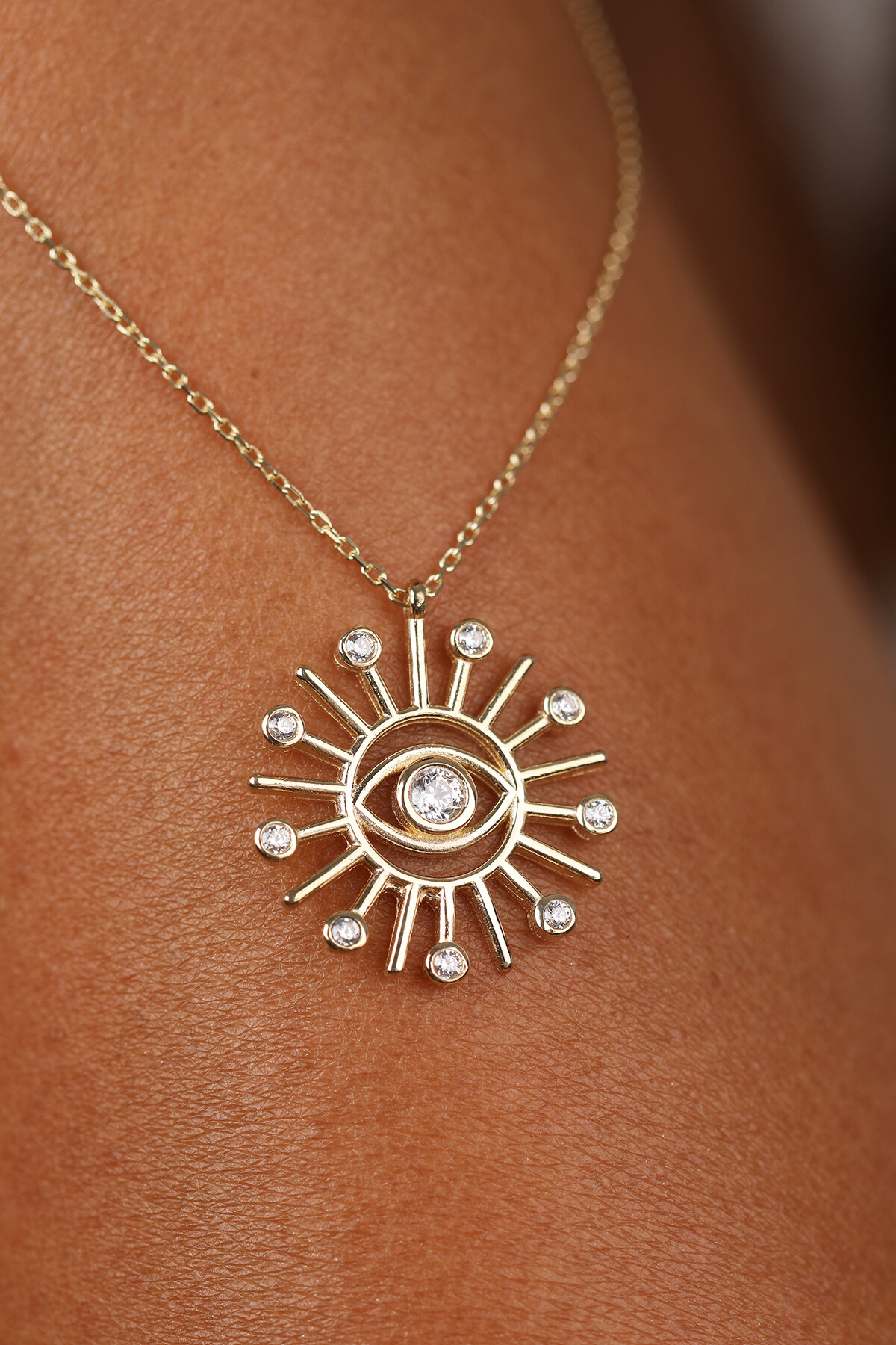 14 Ayar Altın Güneş Ve Göz Kolye