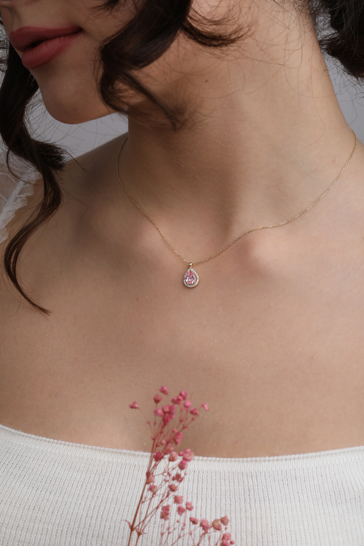 14 Ayar Altın Şampanya Damla Taş Kolye