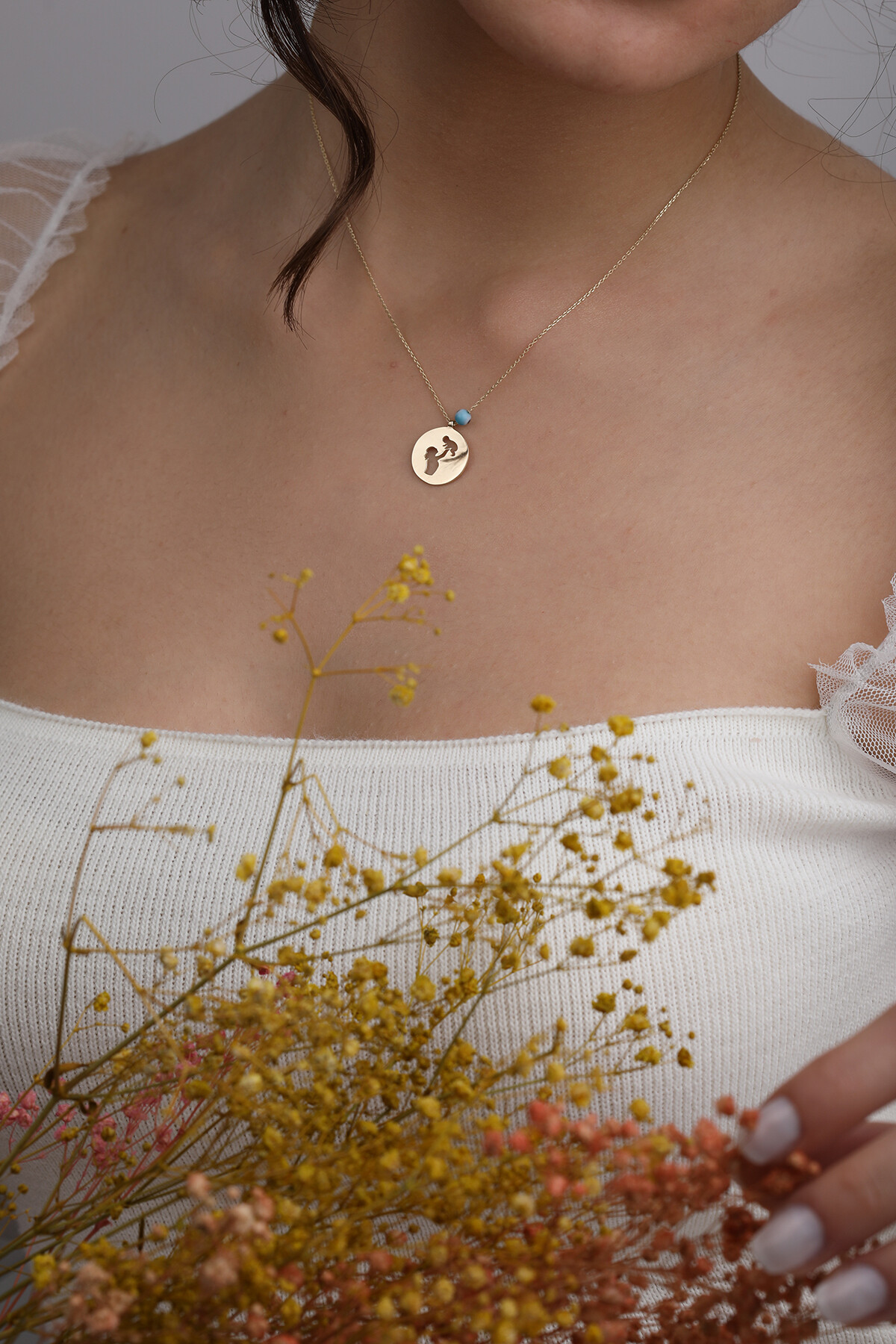 14 Ayar Altın Plaka Anne Çocuk Kolye