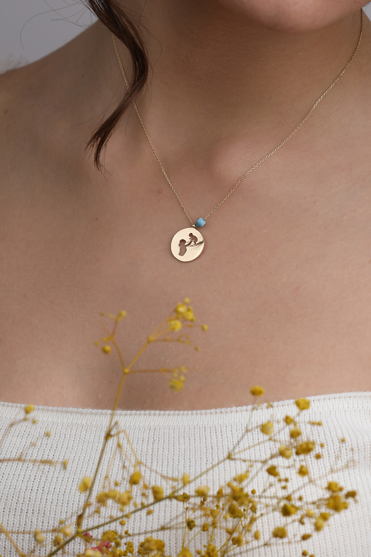 14 Ayar Altın Plaka Anne Çocuk Kolye