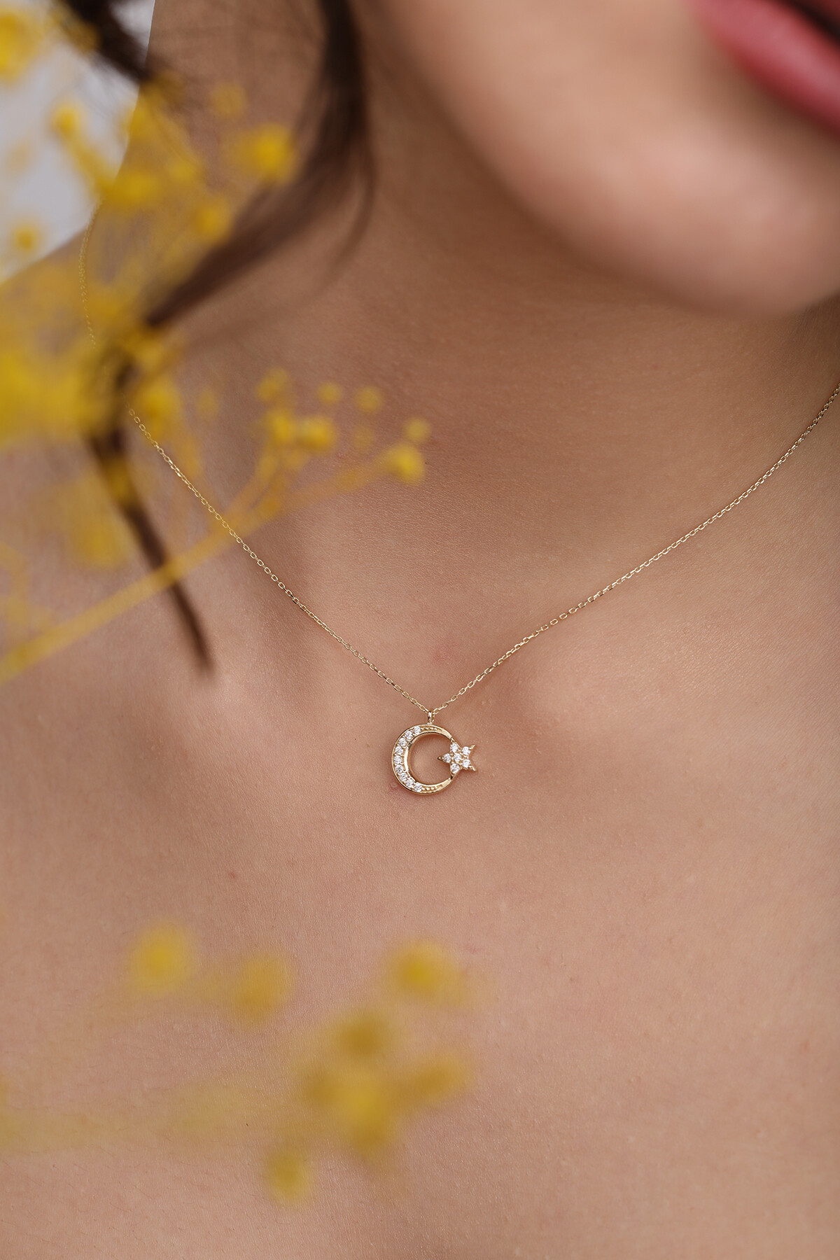 14 Ayar Altın Taşlı Ay Yıldız Kolye