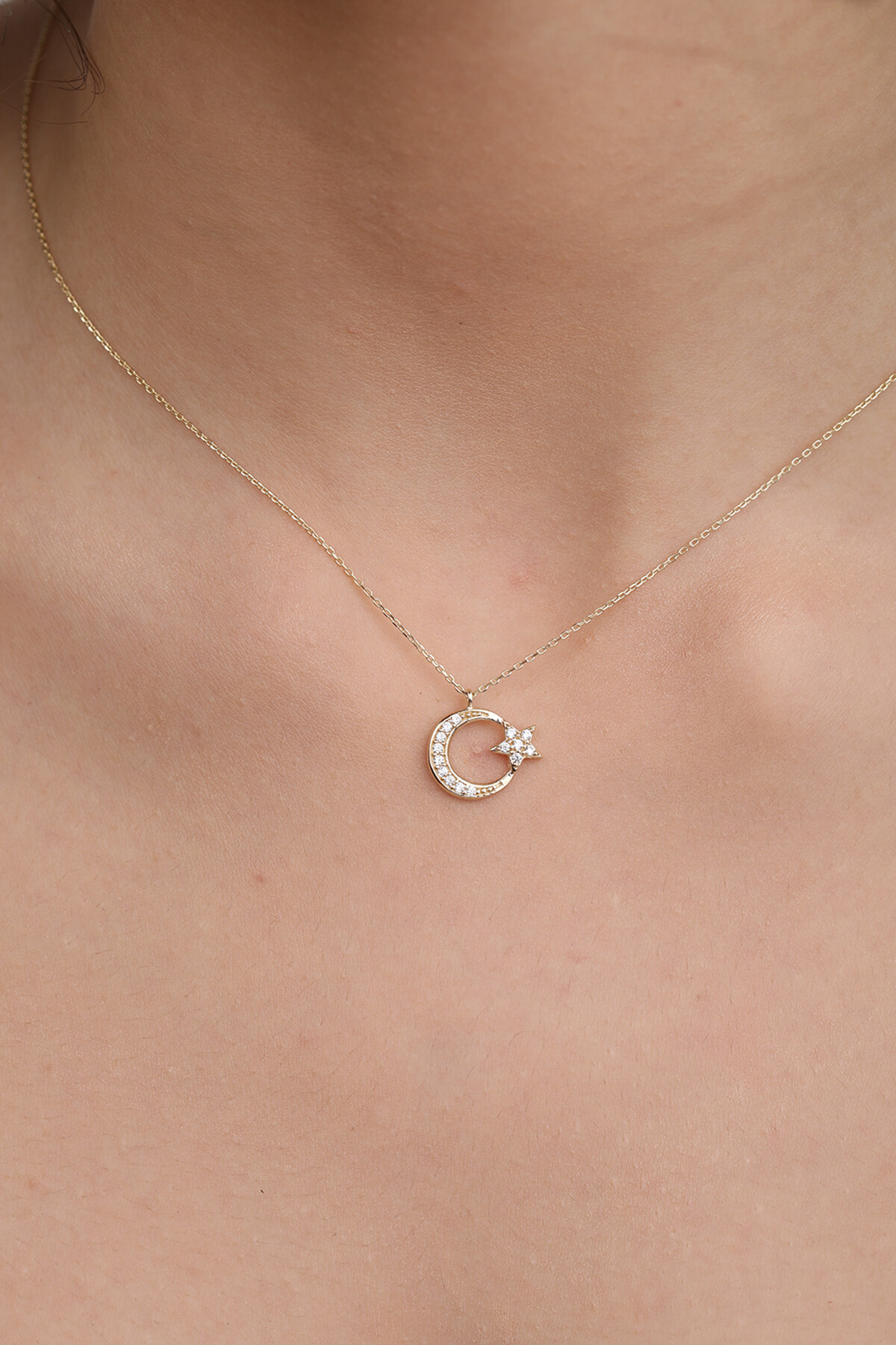 14 Ayar Altın Taşlı Ay Yıldız Kolye