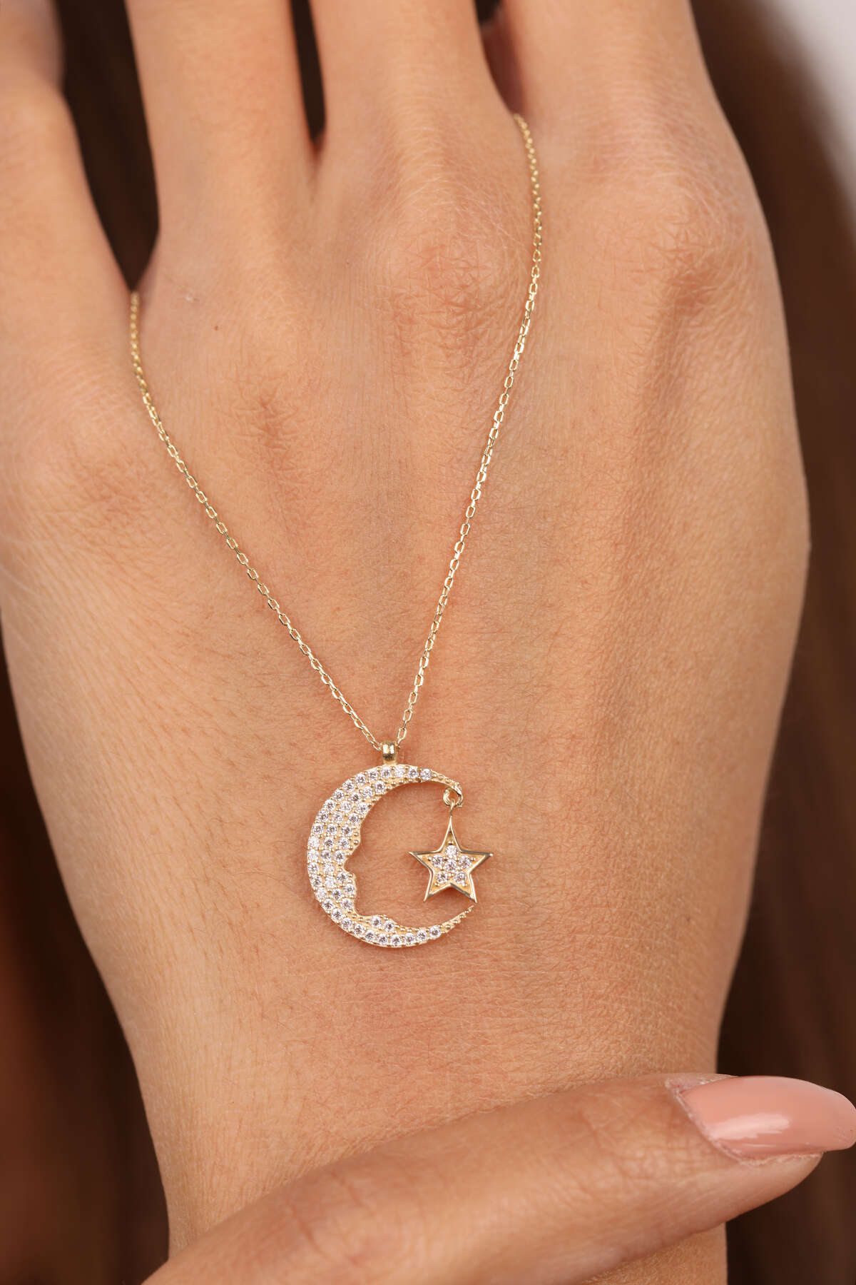 14 Ayar Altın Taşlı Ay Yıldız Ve Atatürk Silüeti Kolye