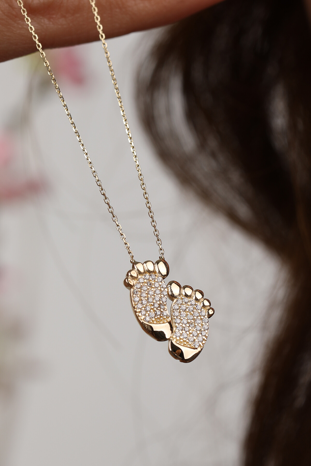 14 Ayar Altın Taşlı Bebek Ayak İzi Kolye