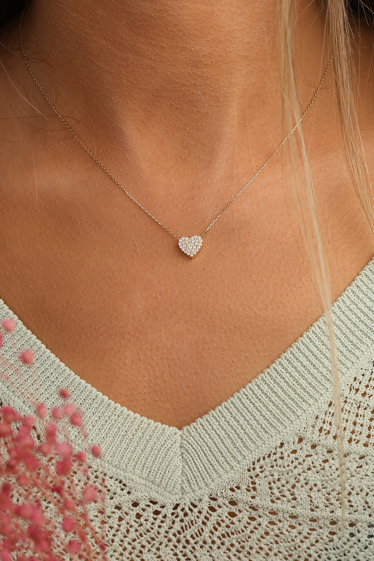 14 Ayar Altın Tasli Kalp Kolye