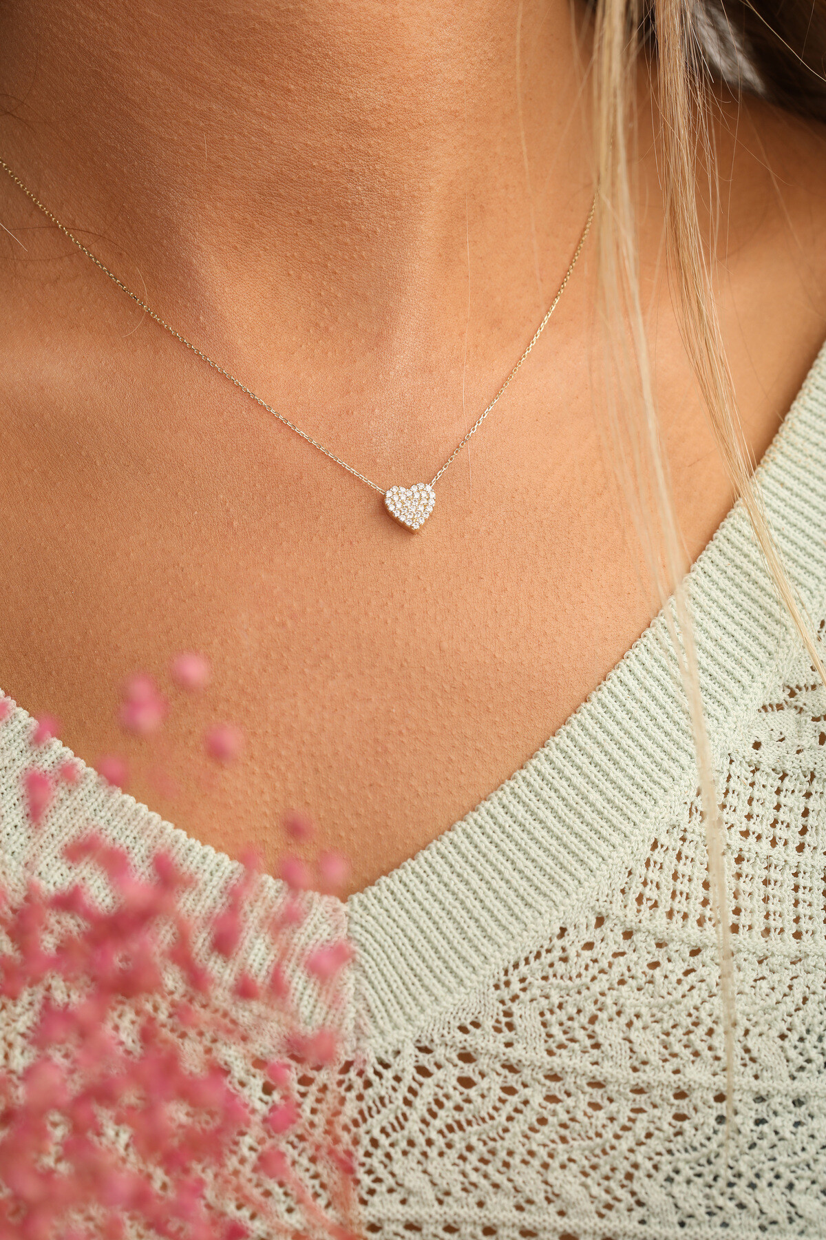 14 Ayar Altın Tasli Kalp Kolye