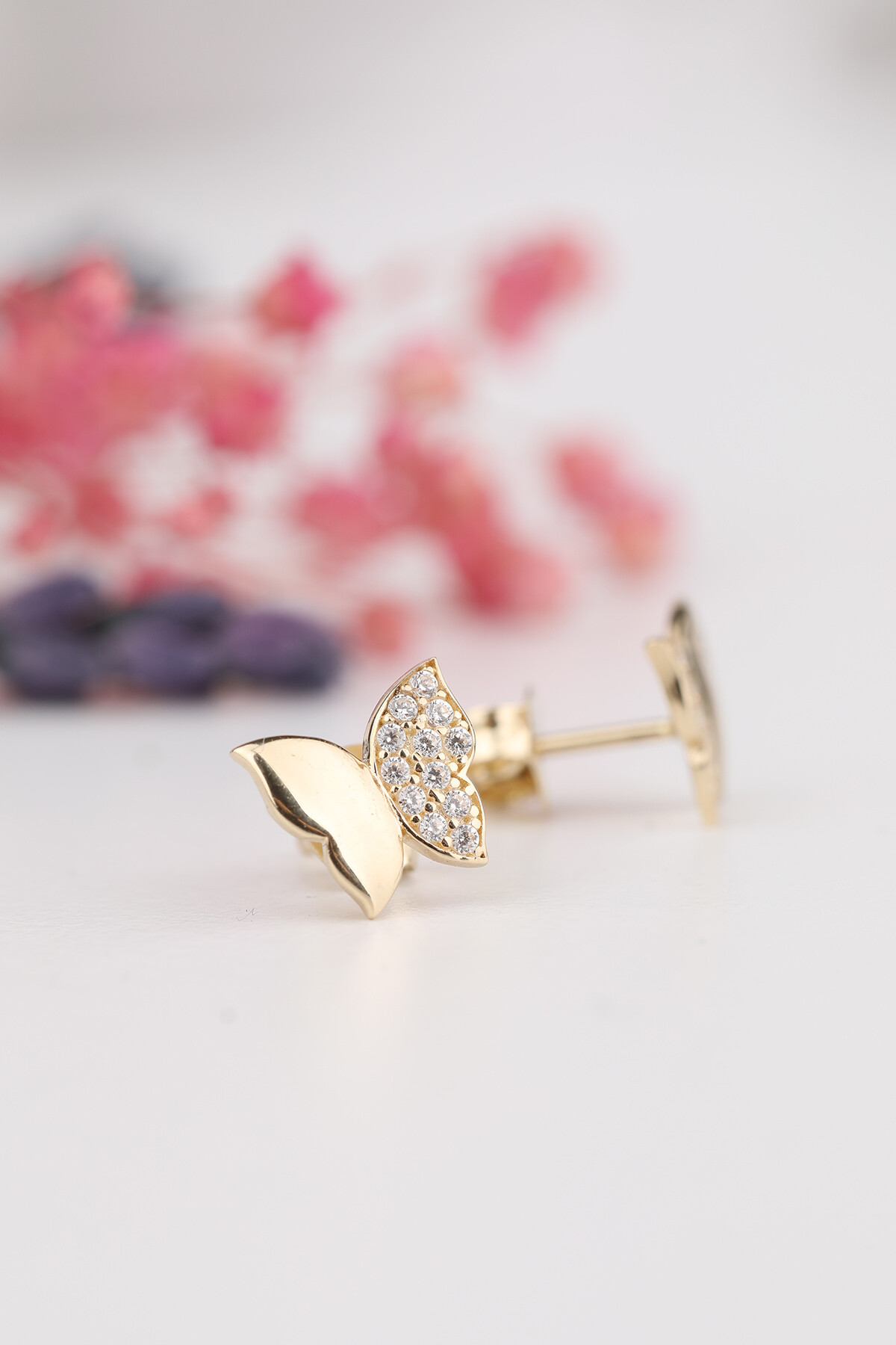 14 Ayar Altın Yarı Taşlı Kelebek Küpe