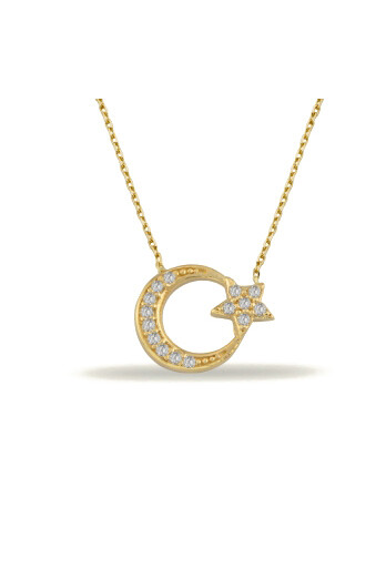 14 Ayar Altın Taşlı Ay Yıldız Kolye