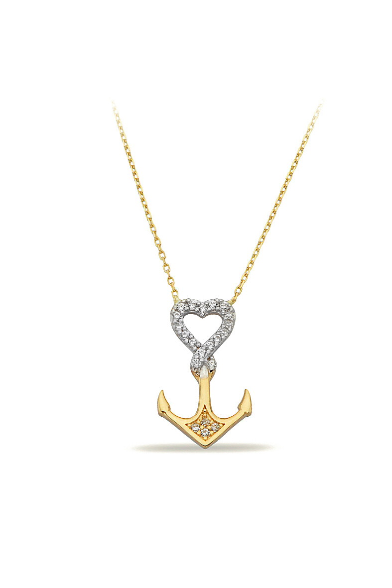 14 Ayar Altın Kalpli Çapa Kolye