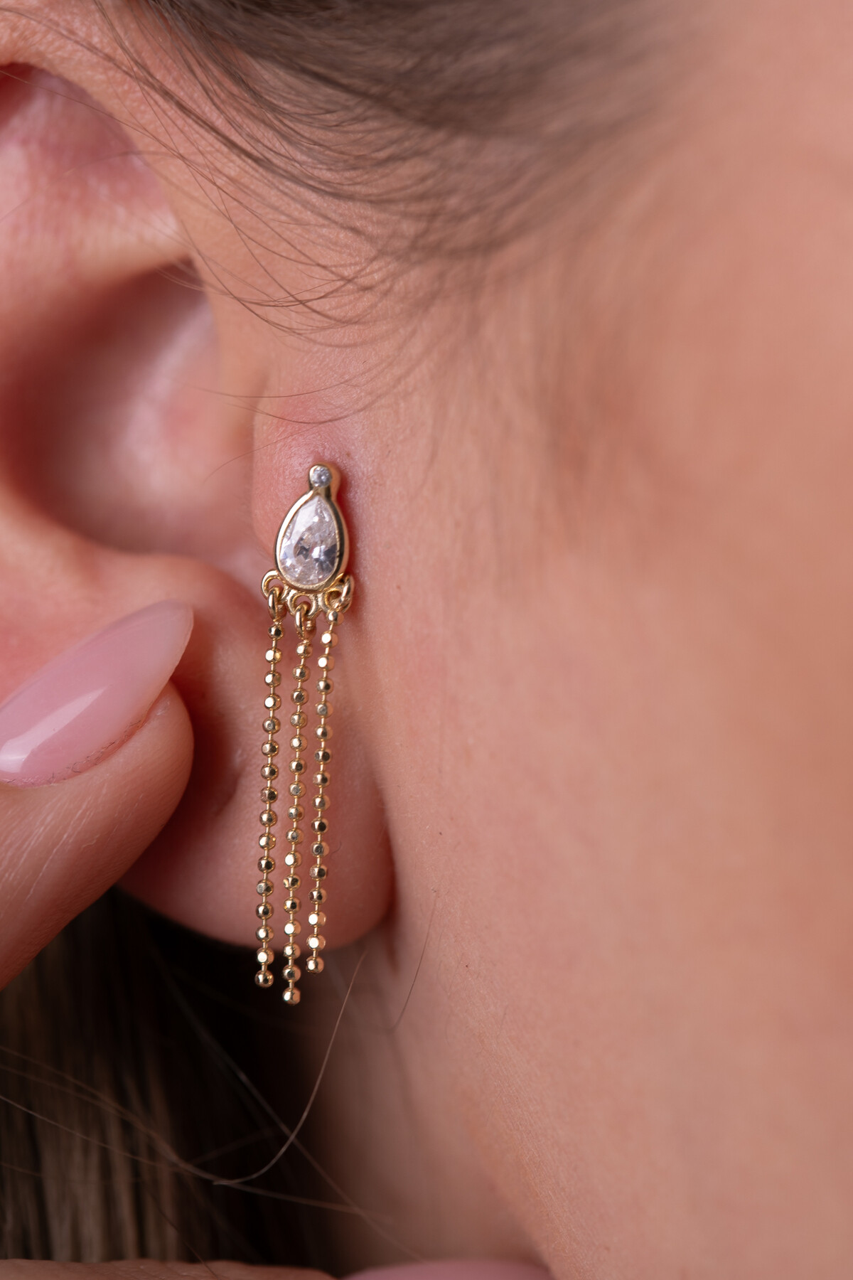 14 Ayar Altın Damla Zincir Sallantılı Küpe