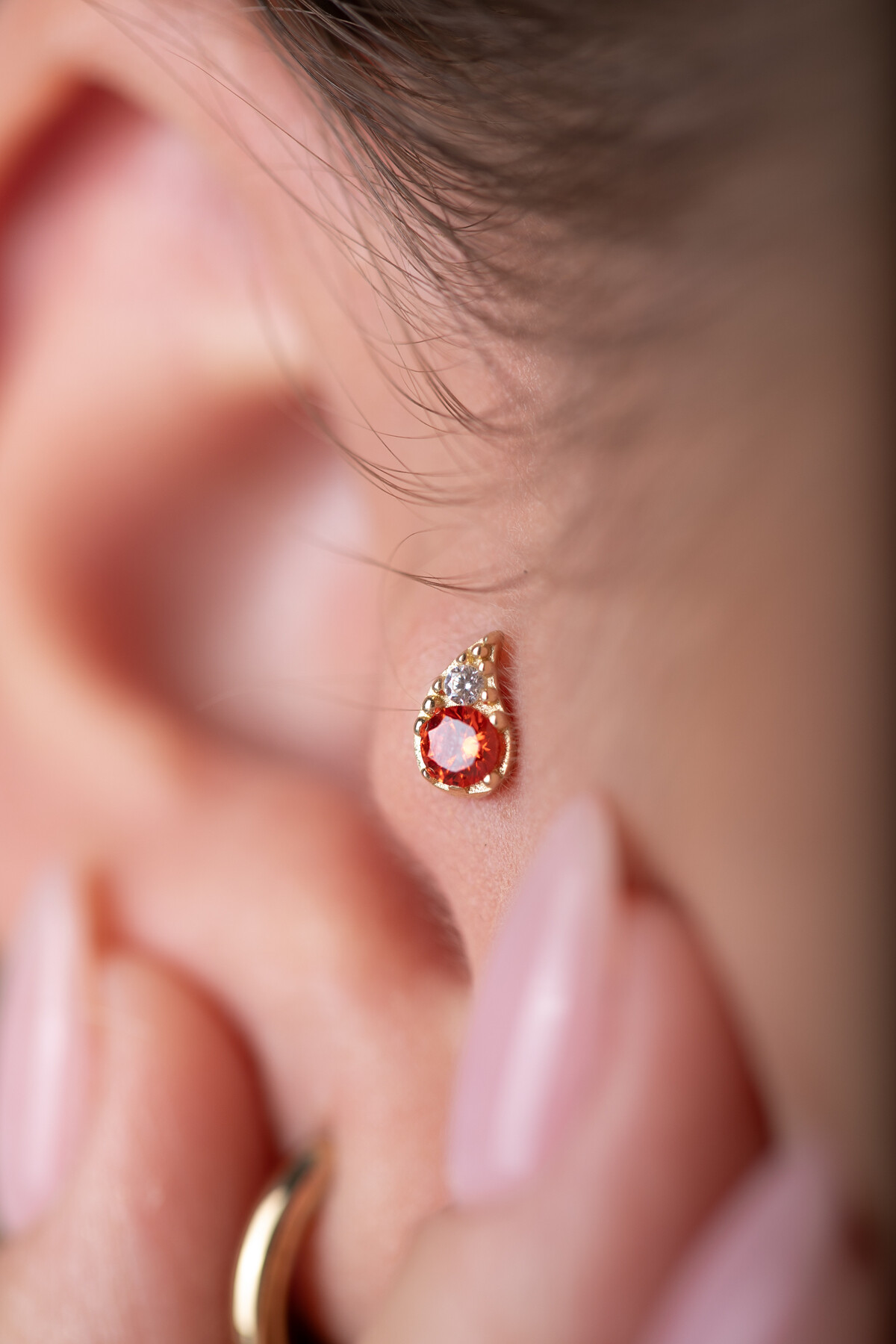 14 Ayar Altın Damla Turuncu Taş Küpe