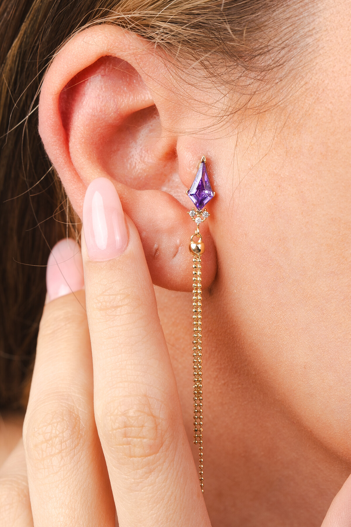 14 Ayar Altın Mor Uçurtma Taş Zincir Küpe