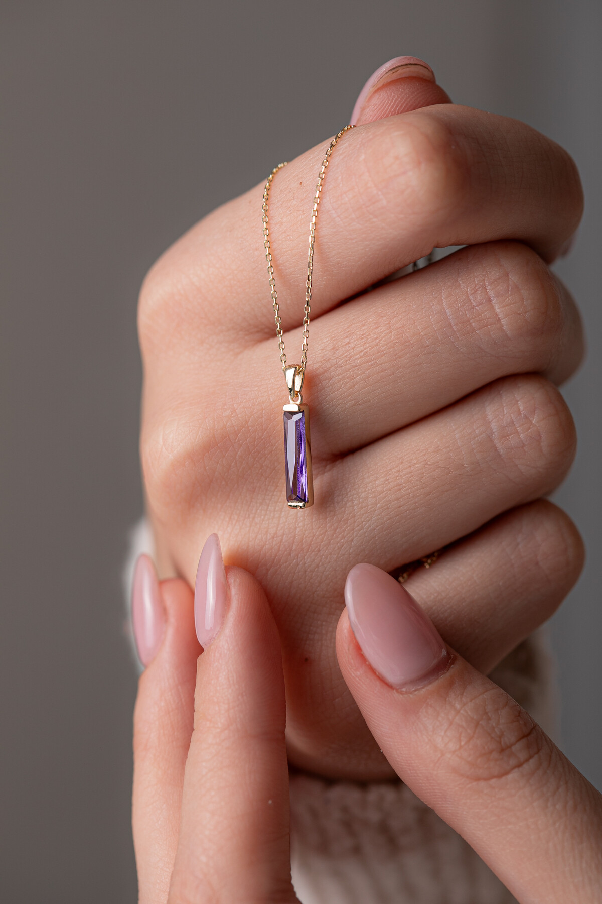 14 Ayar Altın Amatist Taş Çubuk Kolye