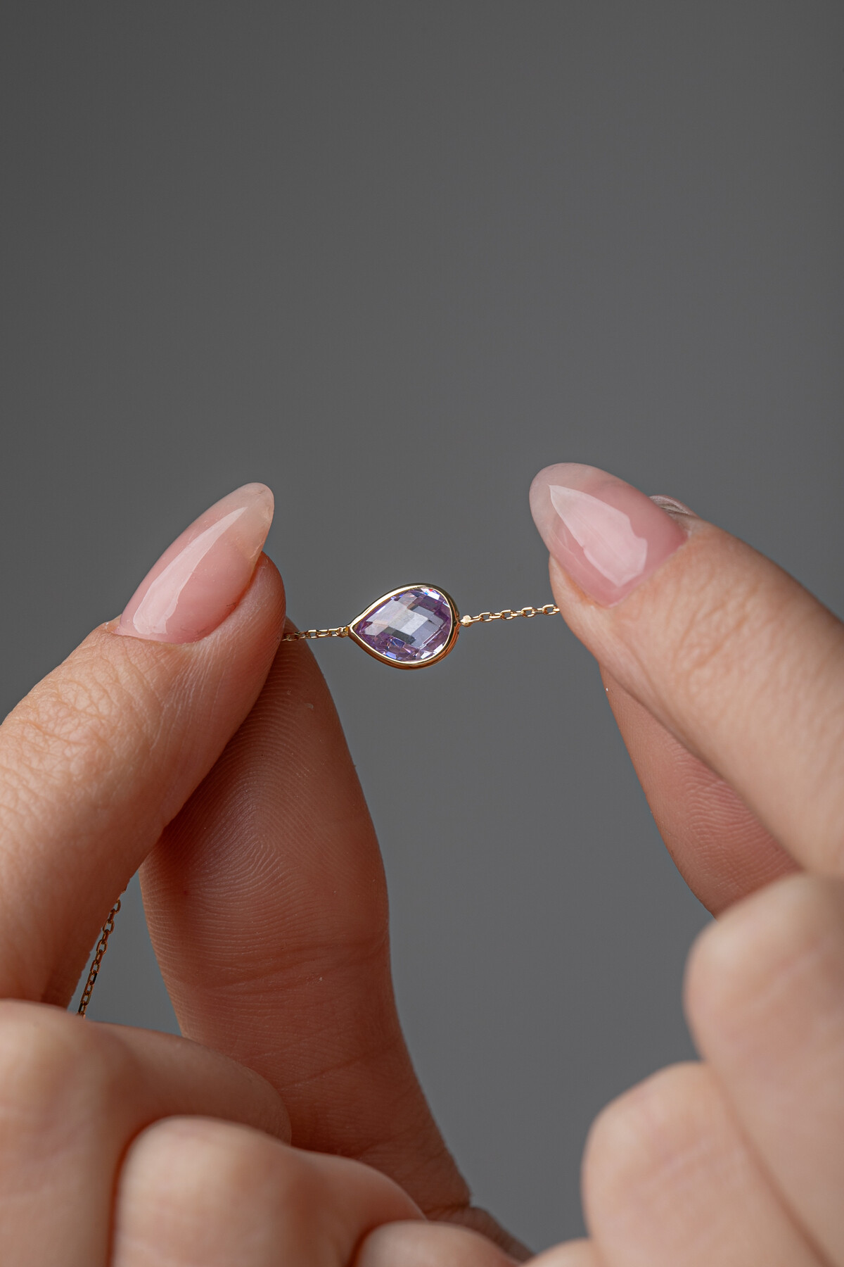 14 Ayar Altın Lila Damla Taş Bileklik