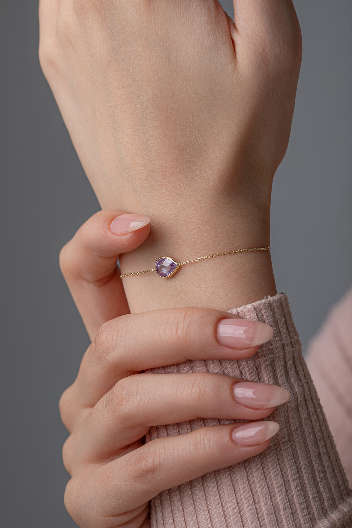 14 Ayar Altın Lila Damla Taş Bileklik