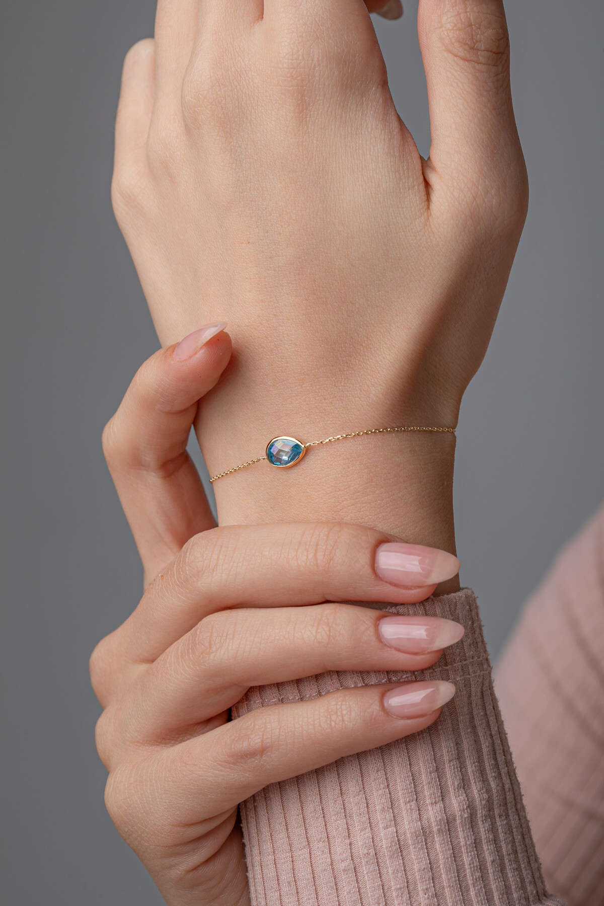 14 Ayar Altın Mavi Damla Taş Bileklik