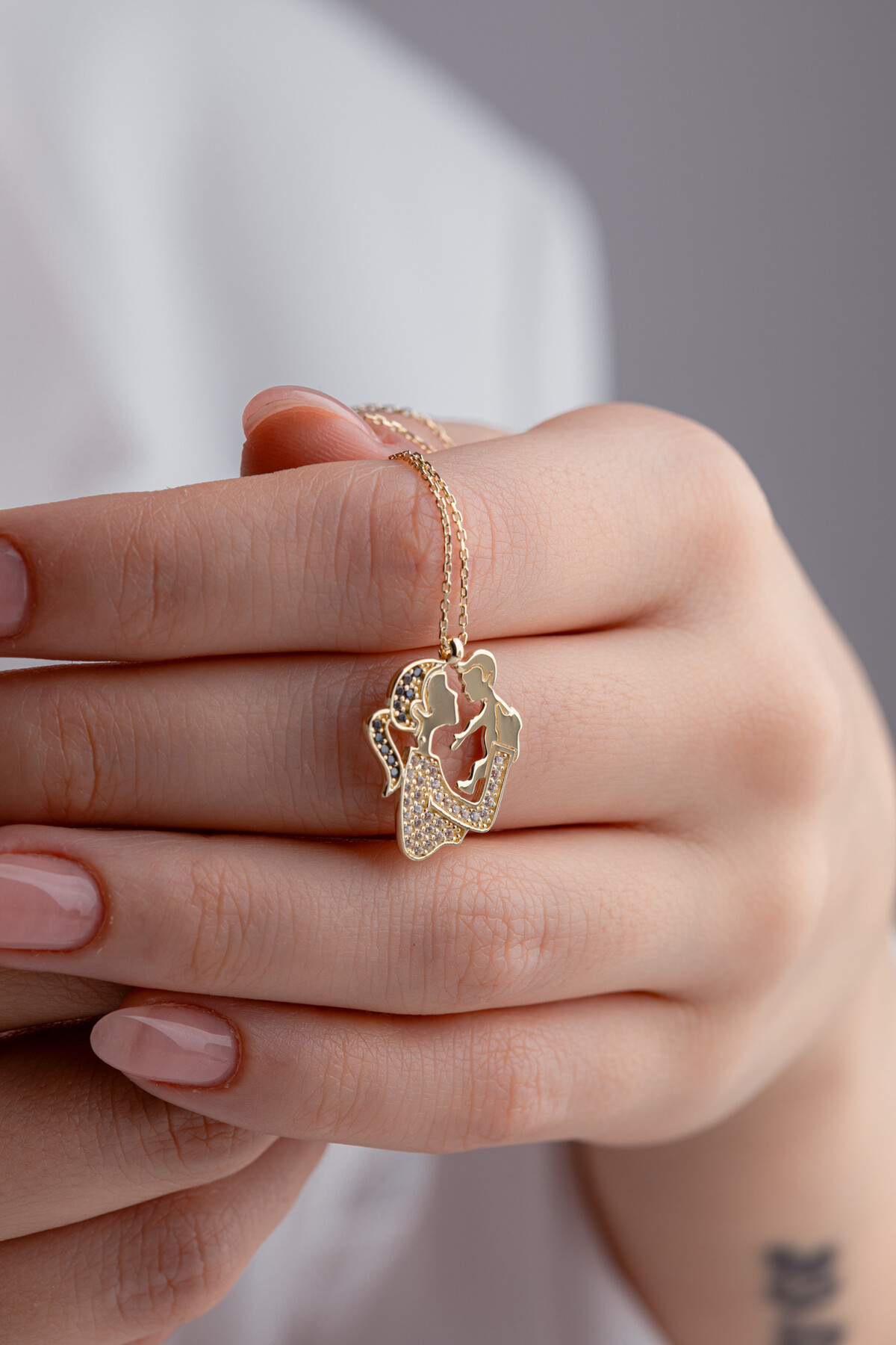 14 Ayar Altın Taşlı Anne Çocuk Kolye