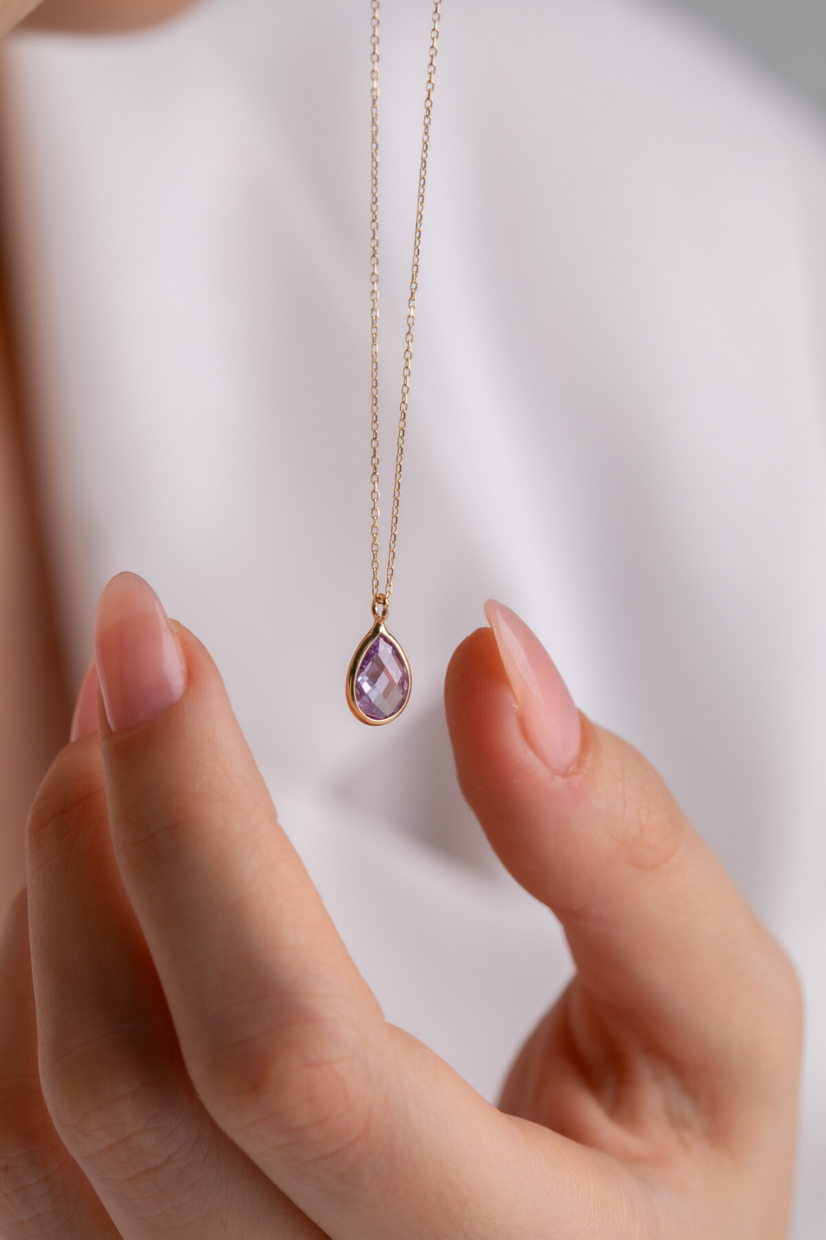 14 Ayar Altın Damla Taş Lila Kolye