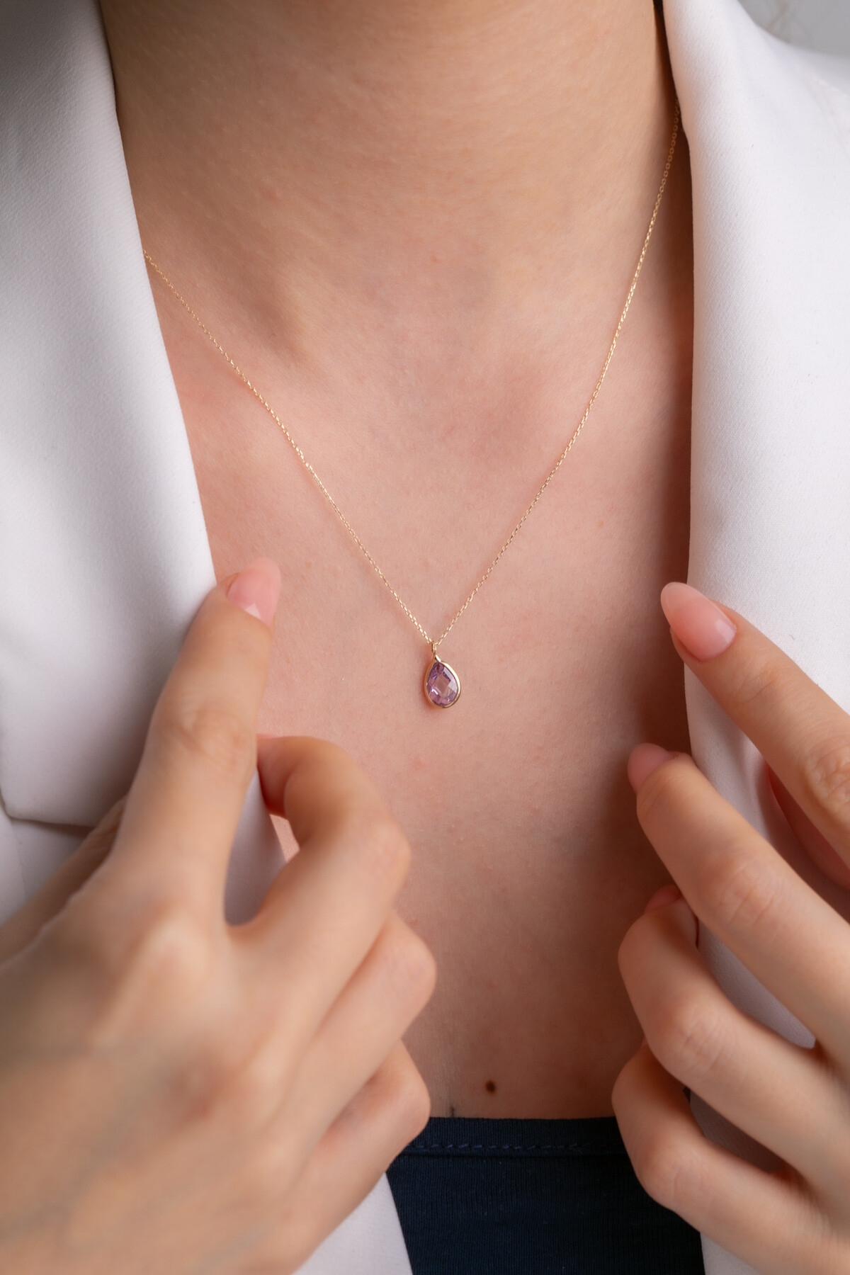 14 Ayar Altın Damla Taş Lila Kolye