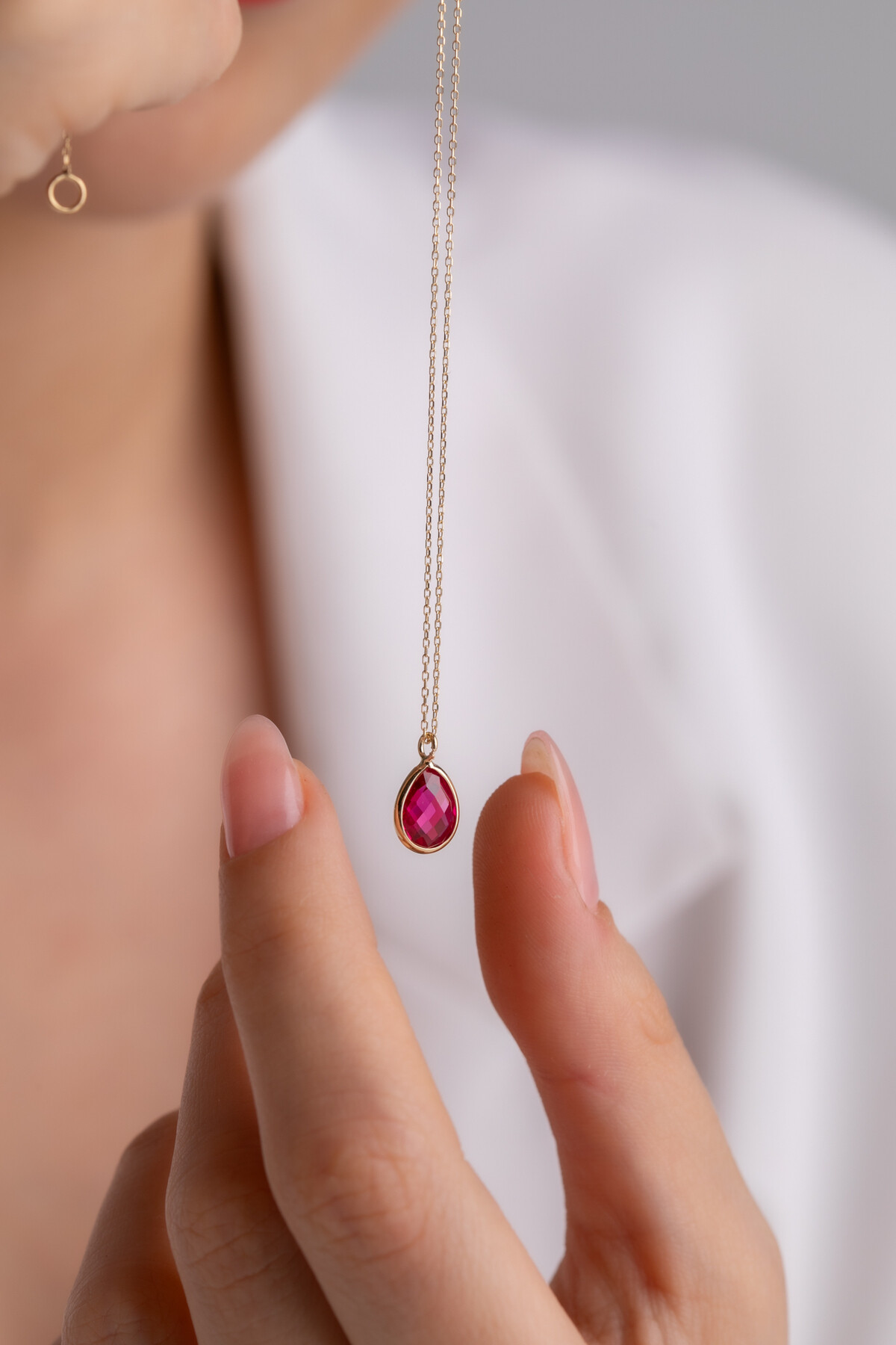 14 Ayar Altın Fuşya Damla Taş Kolye