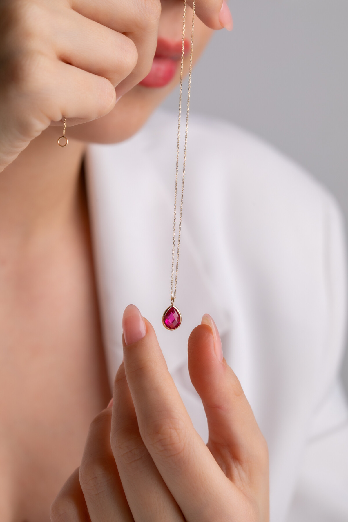 14 Ayar Altın Fuşya Damla Taş Kolye