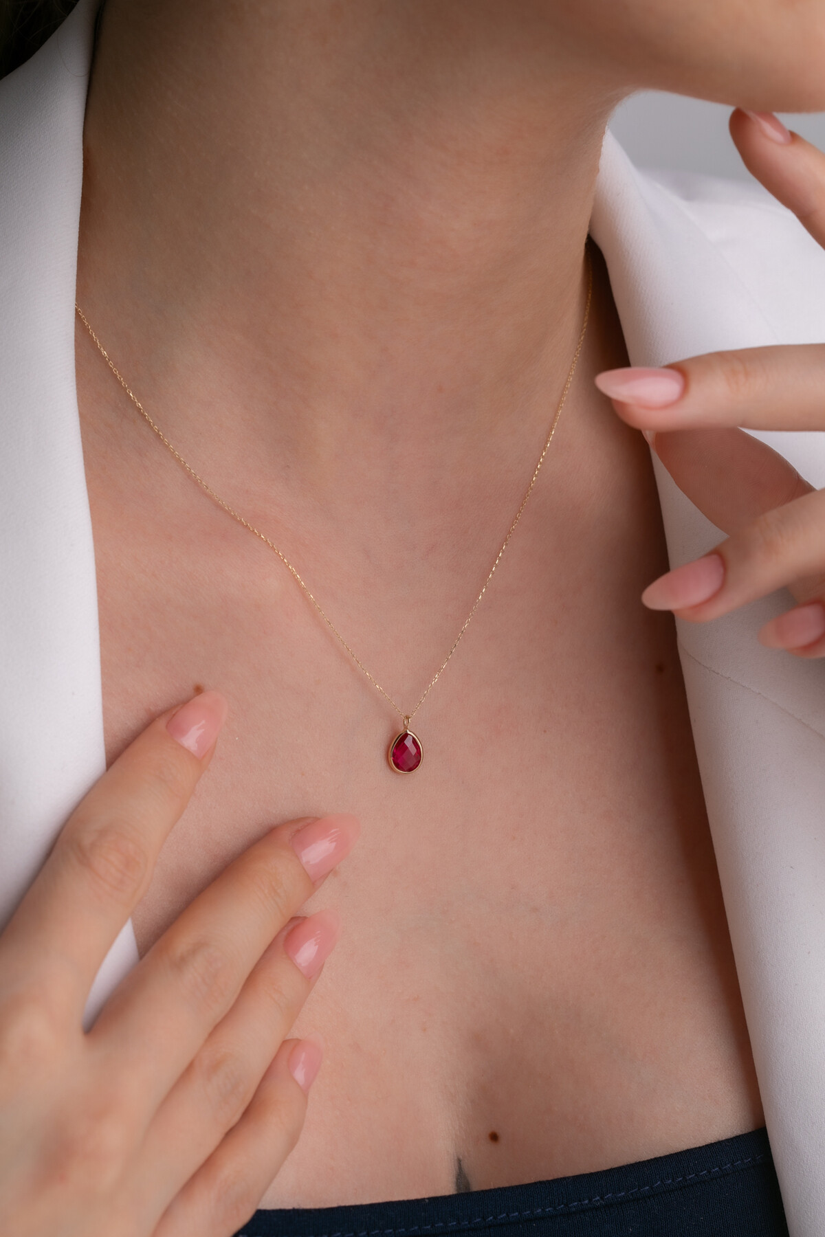 14 Ayar Altın Fuşya Damla Taş Kolye