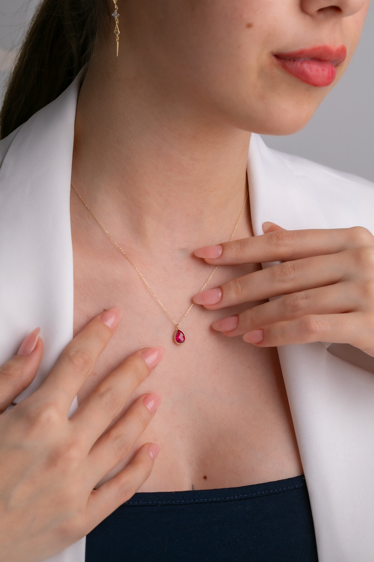 14 Ayar Altın Fuşya Damla Taş Kolye