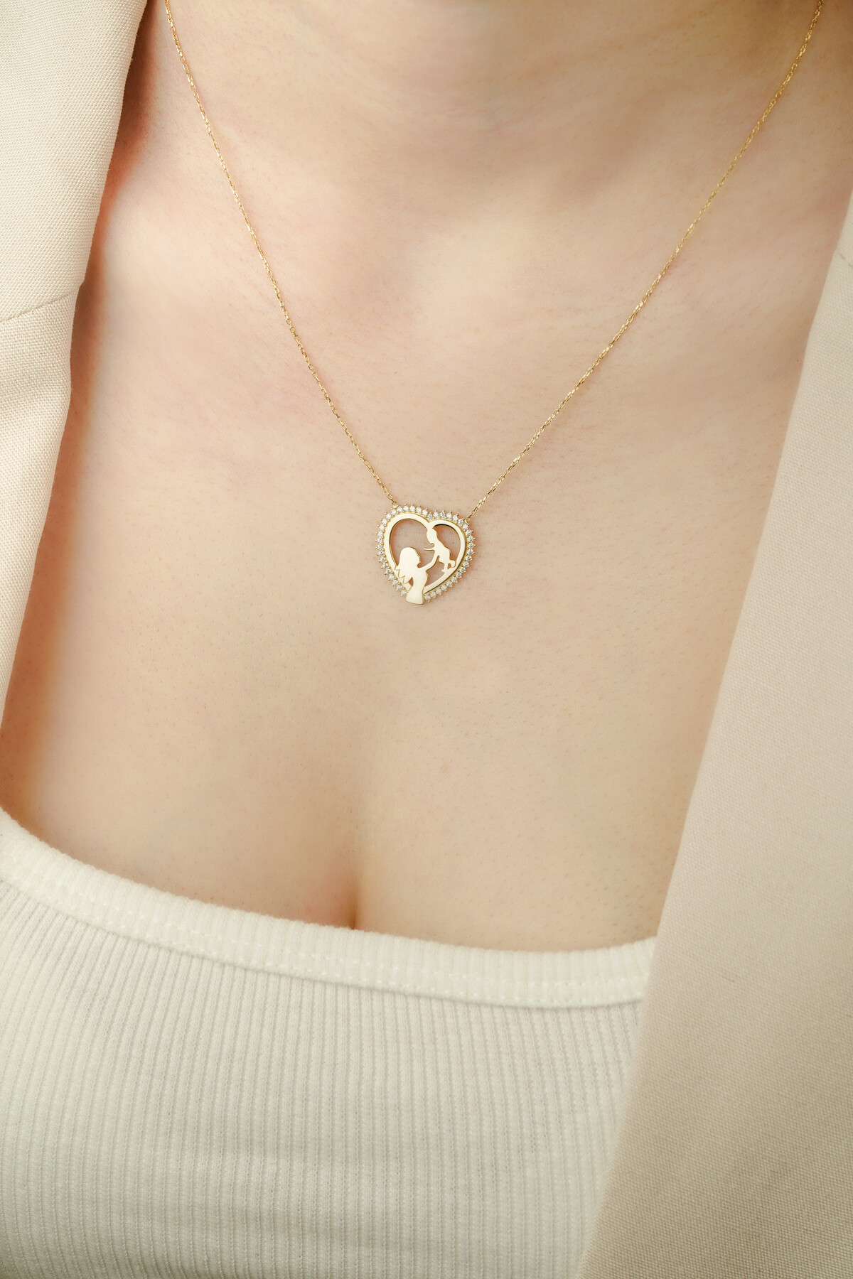 14 Ayar Altın Kalpli Anne Çocuk Kolye