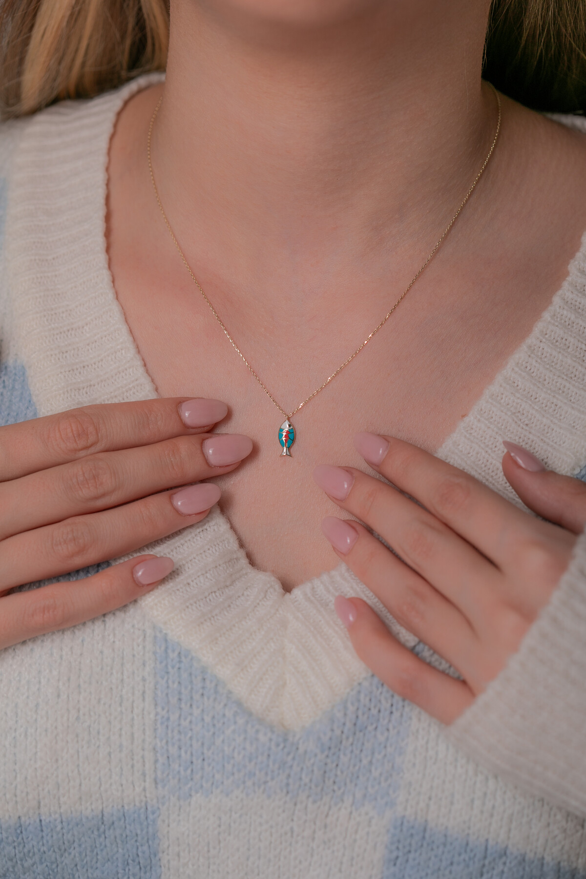 14 Ayar Altın Mineli Balık Kolye