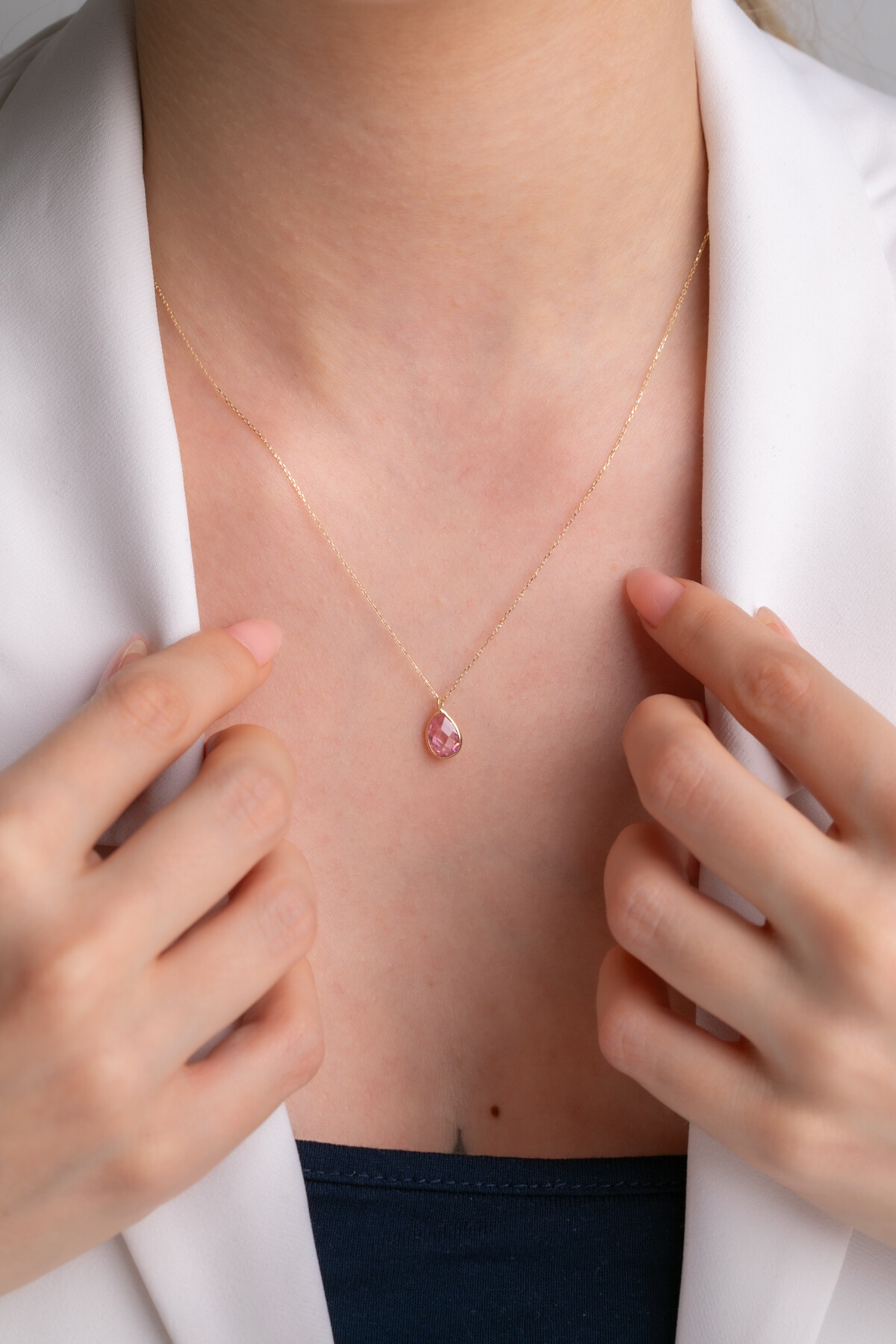 14 Ayar Altın Pembe Damla Taş Kolye