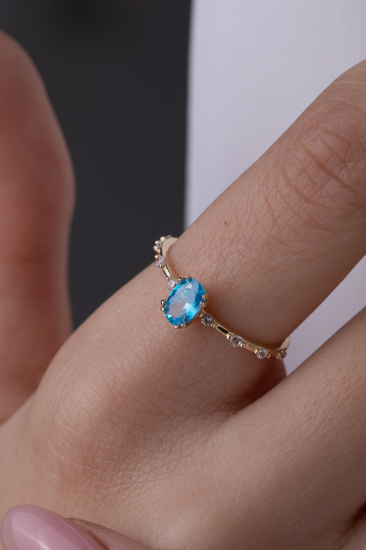 14 Ayar Altın Aqua Oval Taş Yüzük