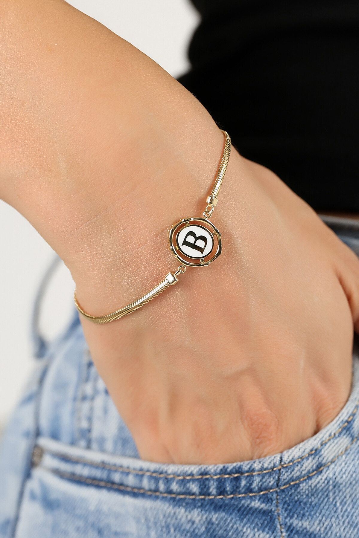 14 Ayar Altın B Harf Balık Sırtı Bileklik