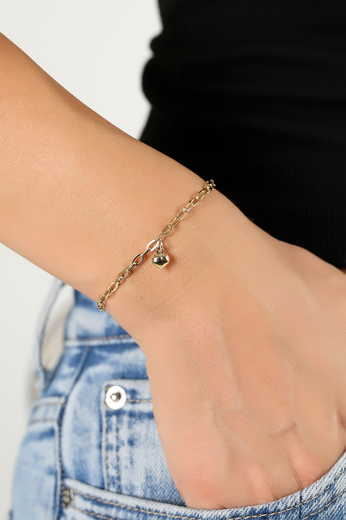 14 Ayar Altın Kalp Detaylı Zincir Bileklik