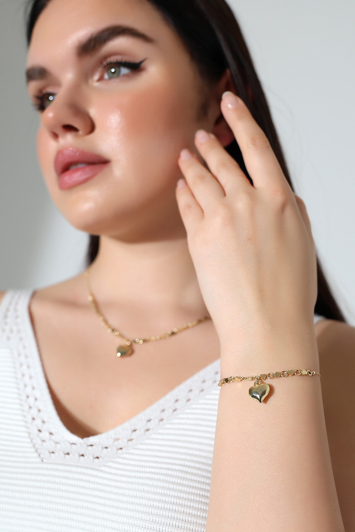 14 Ayar Altın Kalp Kolye Bileklik Takım