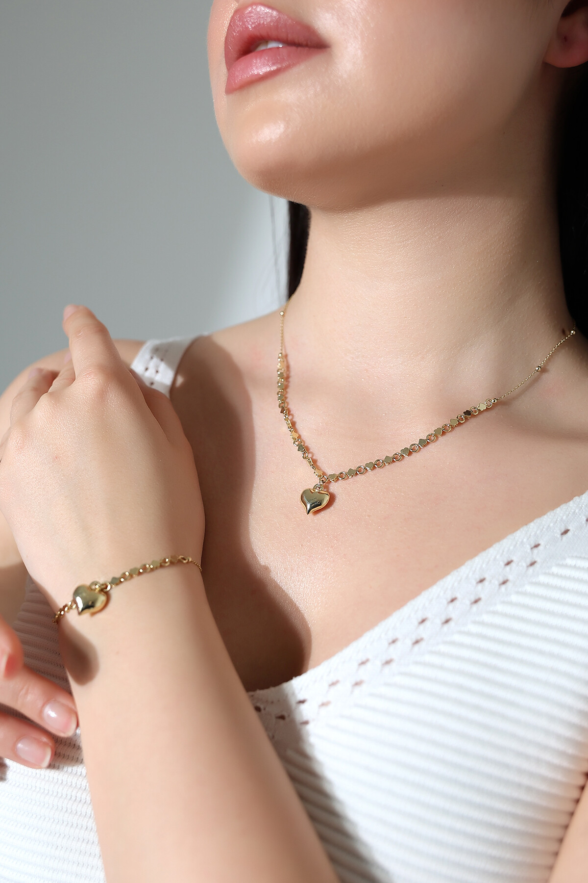 14 Ayar Altın Kalp Kolye Bileklik Takım