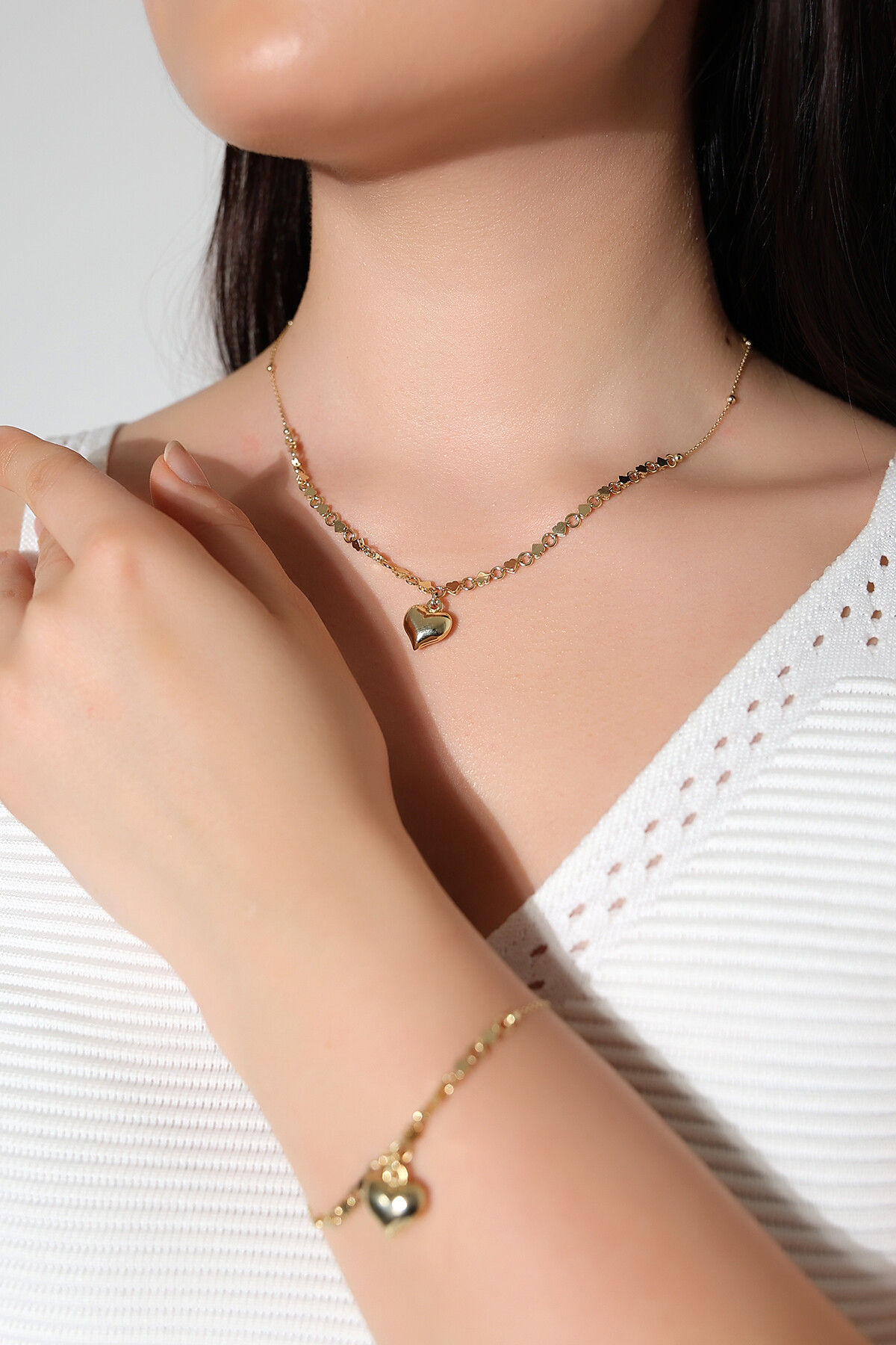 14 Ayar Altın Kalp Kolye Bileklik Takım