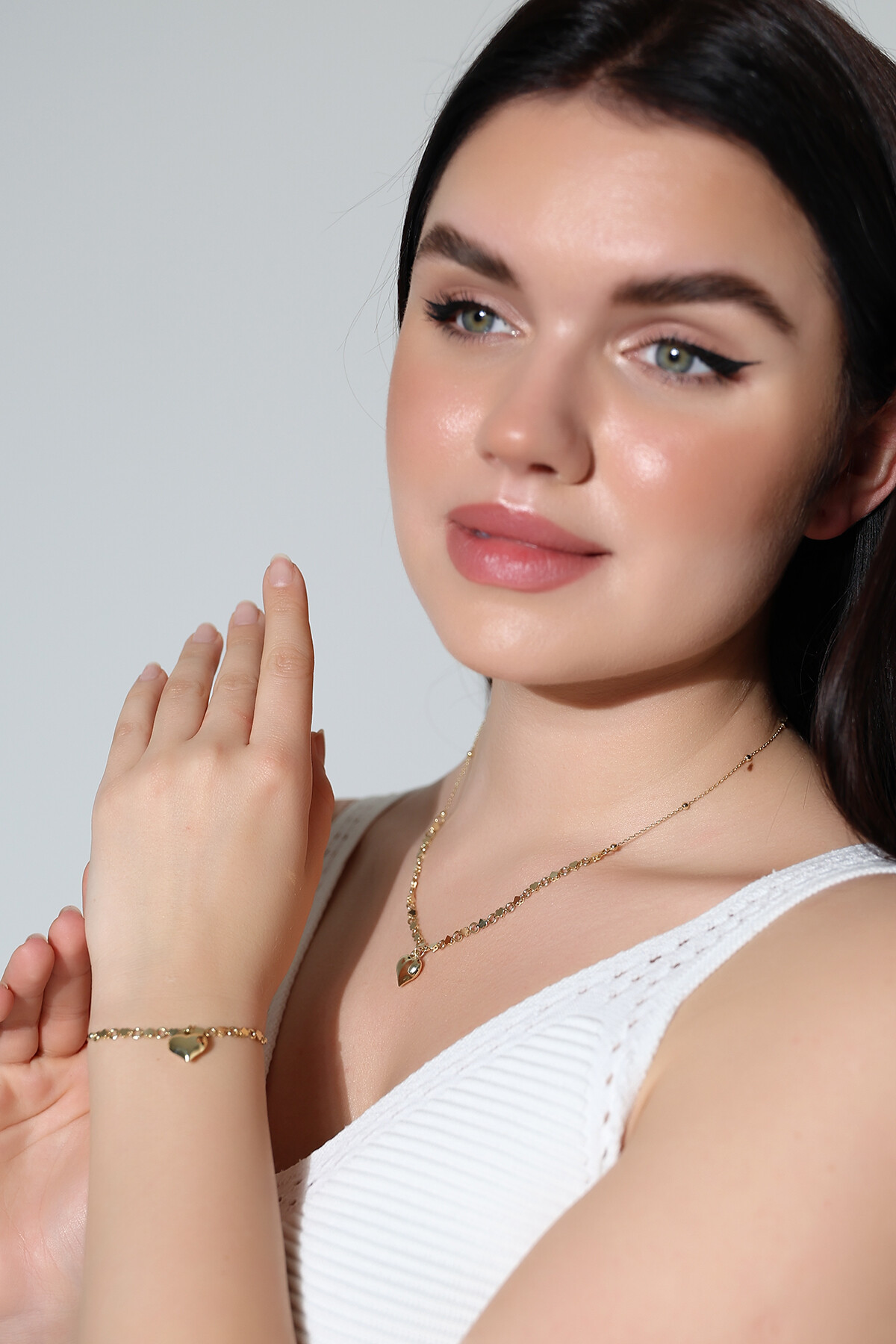 14 Ayar Altın Kalp Kolye Bileklik Takım