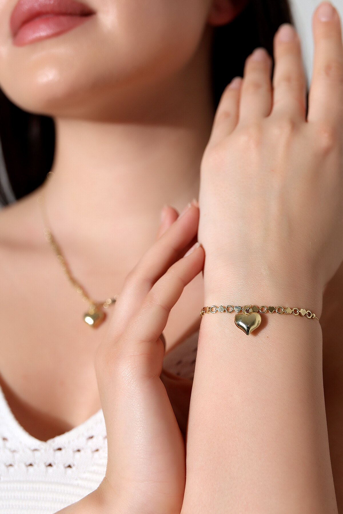 14 Ayar Altın Kalp Kolye Bileklik Takım