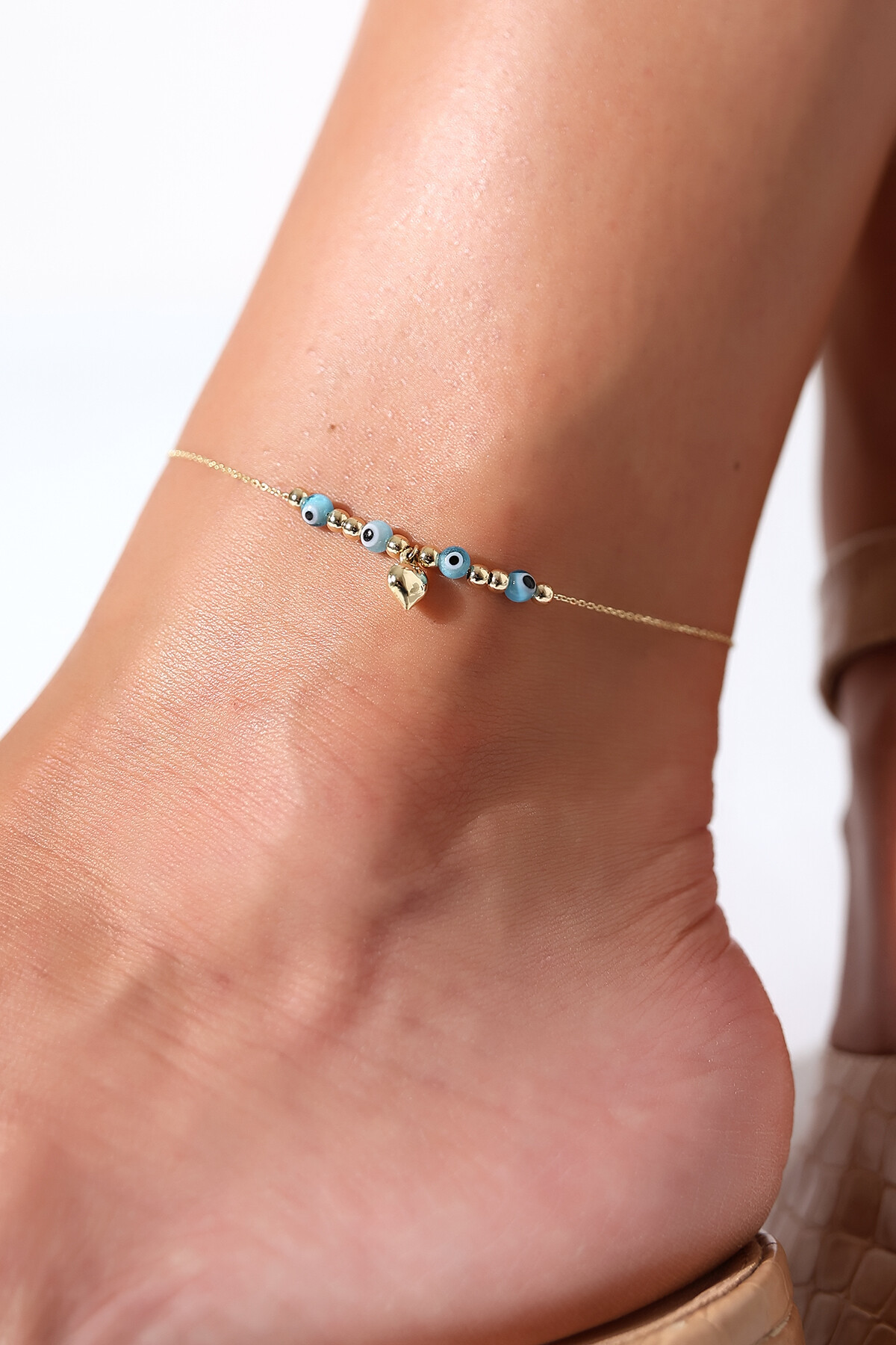 14 Ayar Altın Kalp Nazar Boncuklu Halhal