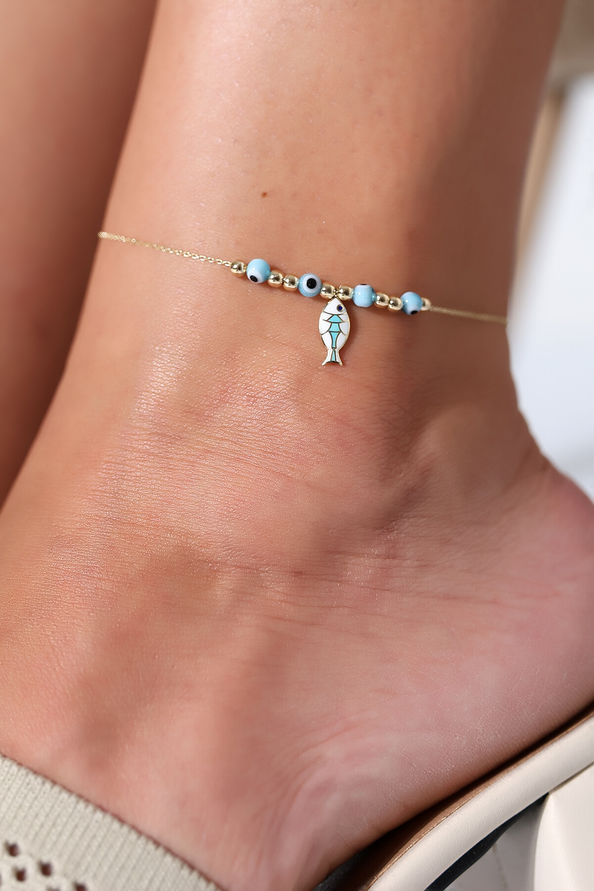 14 Ayar Altın Nazar Boncuklu Balık Halhal