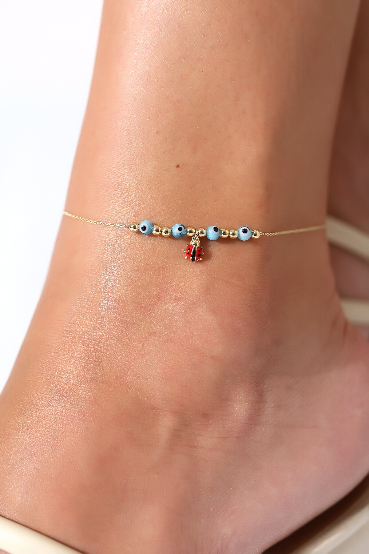 14 Ayar Altın Nazar Boncuklu Uğur Böceği Halhal