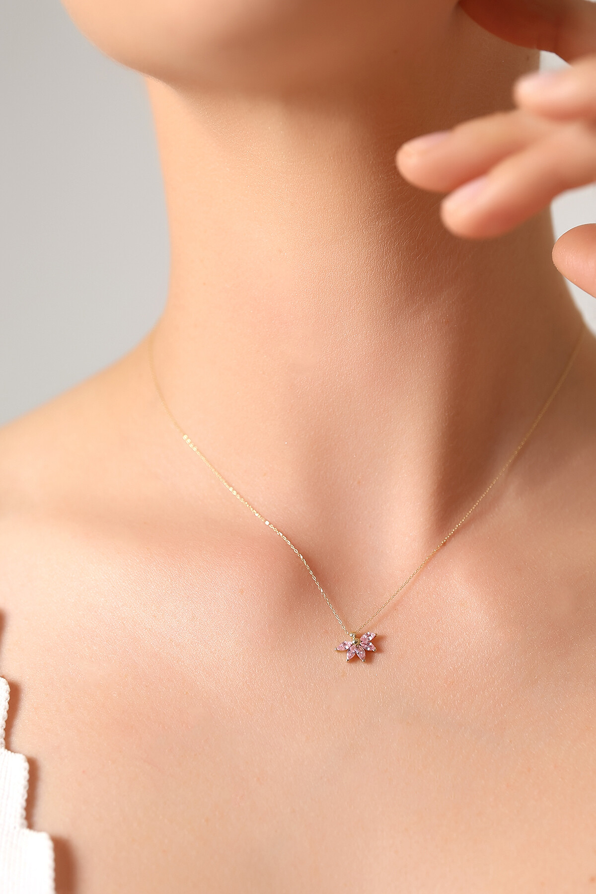 14 Ayar Altın Pembe Taşlı Kolye