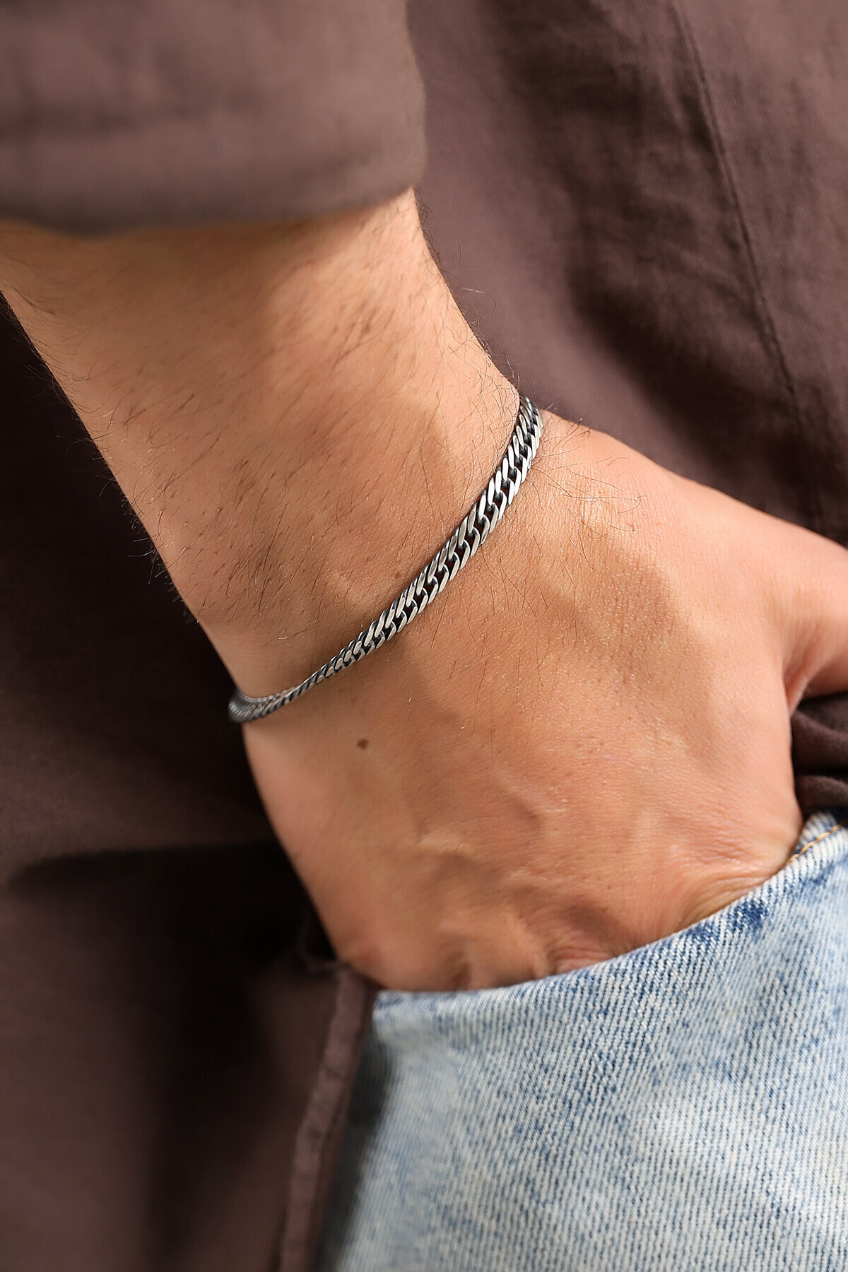 Gümüş 12mm Sık Örgü Erkek Bileklik