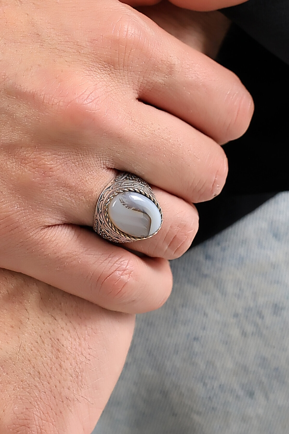 Gümüş Akik Taşlı Erkek Yüzük 