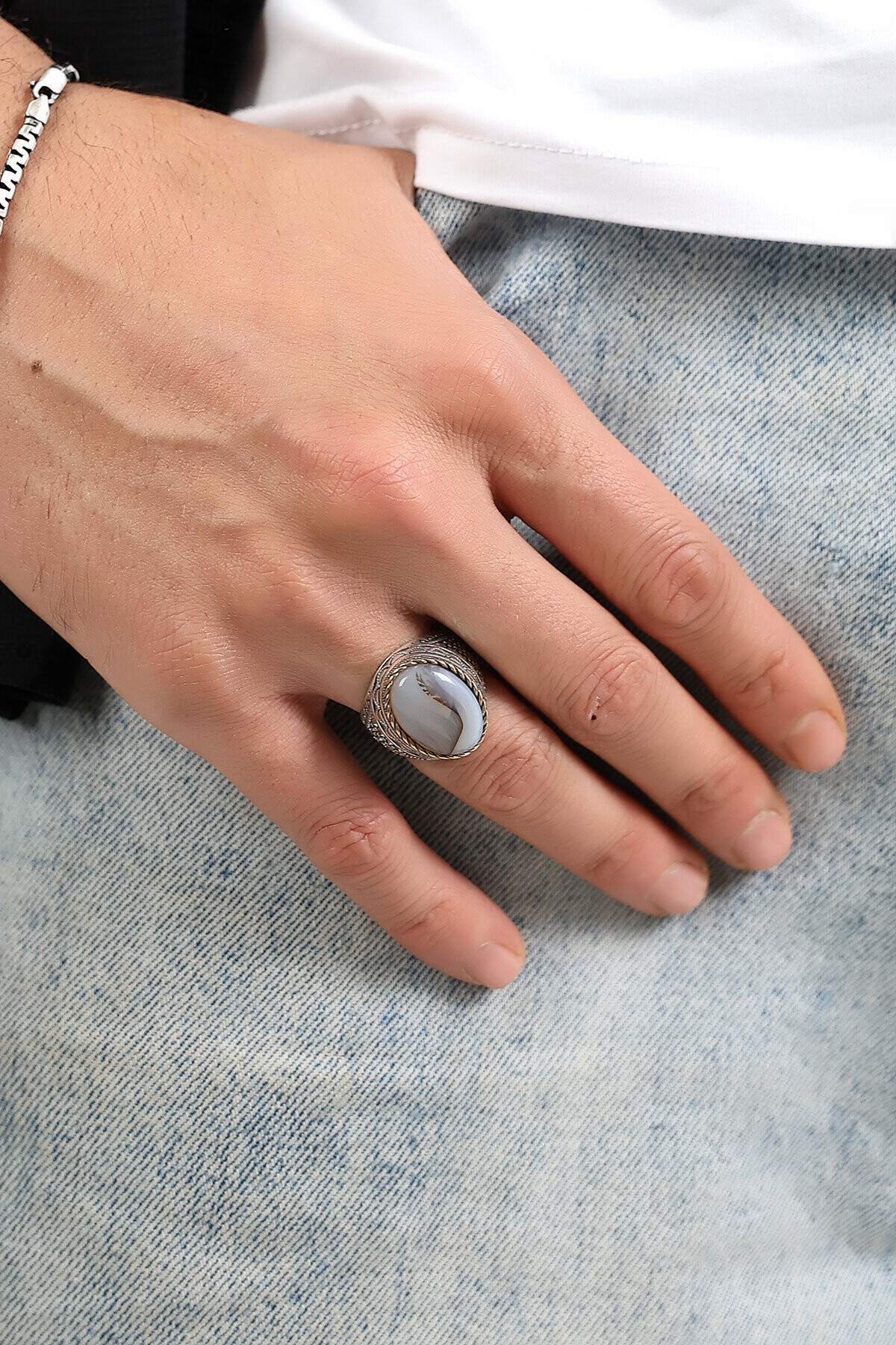 Gümüş Akik Taşlı Erkek Yüzük 